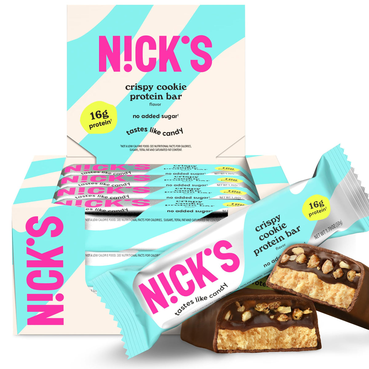 Nick’s Barras de proteína crujiente galleta chocolate empaque compacto para llevar.