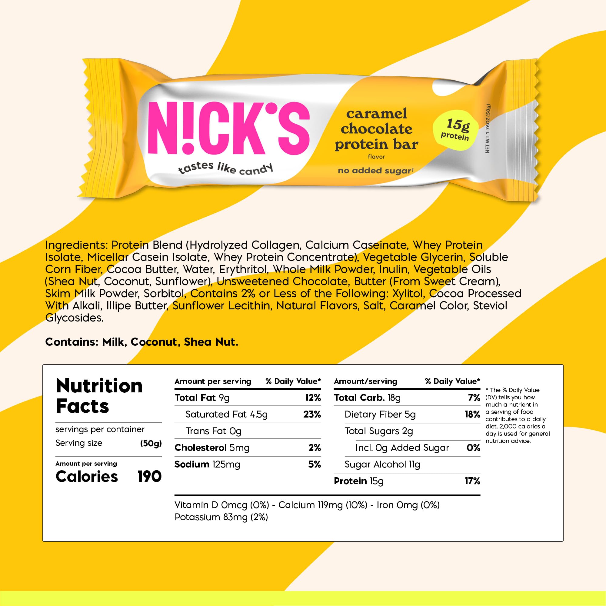 N!CK'S Barrita Chocolate Caramel interior proteico, núcleo fudoso para satisfacer antojos.