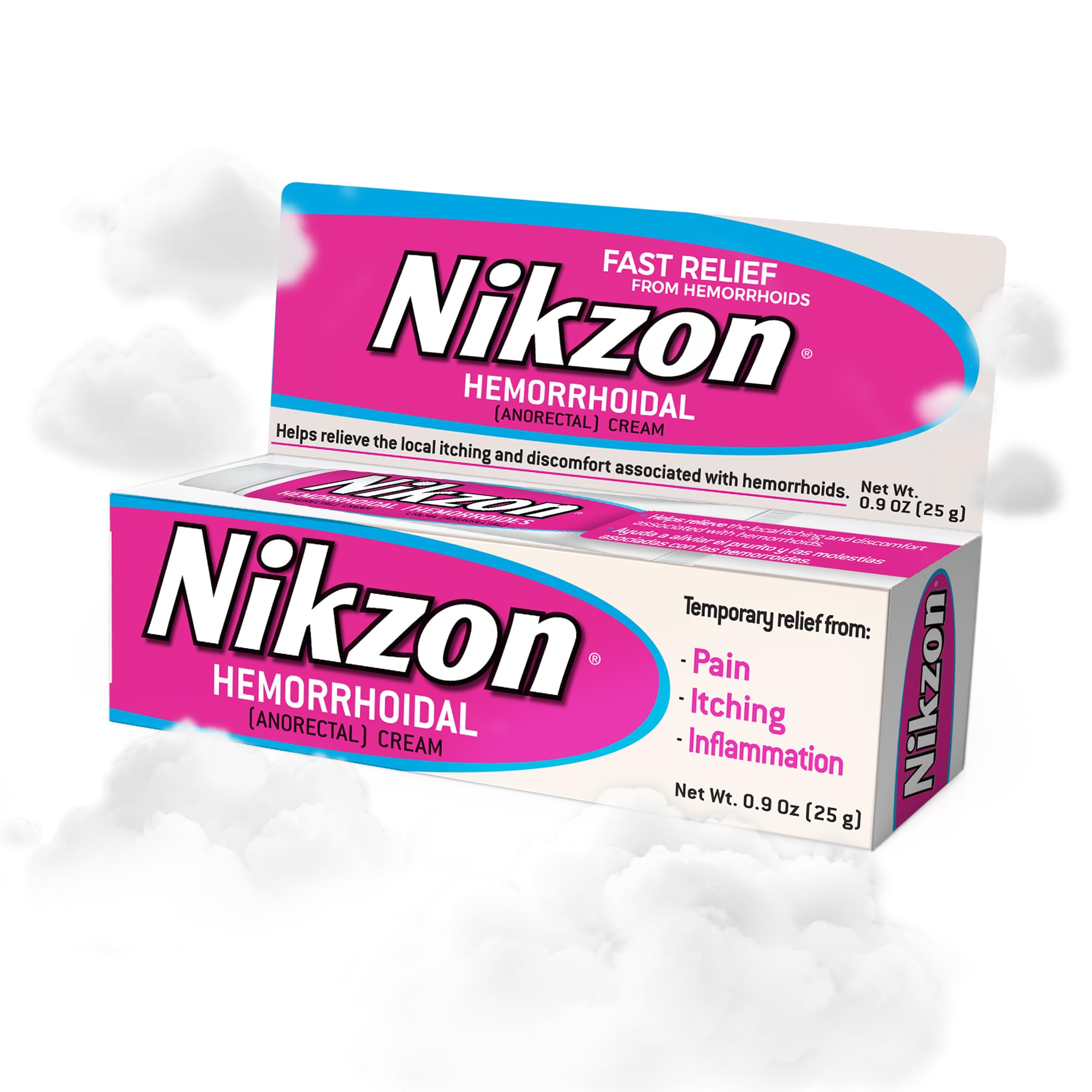 Nikzon crema para hemorroides en empaque externo, fácil de almacenar.