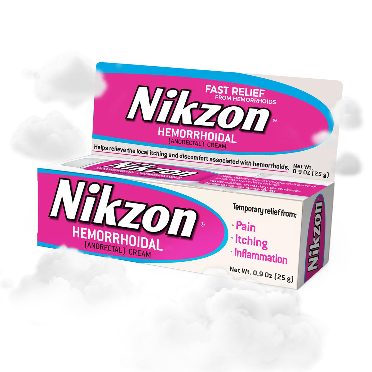 Nikzon crema para hemorroides en empaque externo, fácil de almacenar.