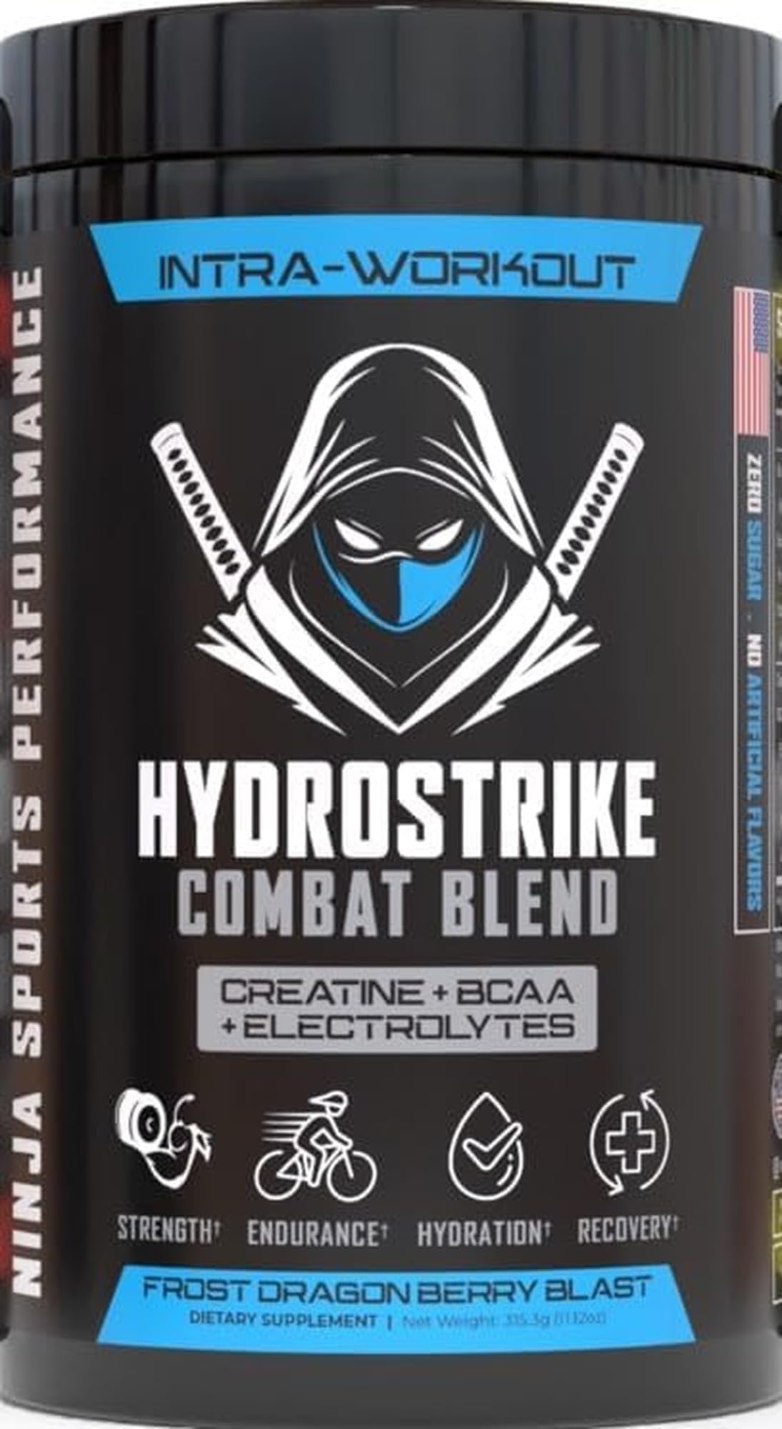 Ninja Sports Performance HydroStrike Combat Blend envase, listo para entrenamientos.