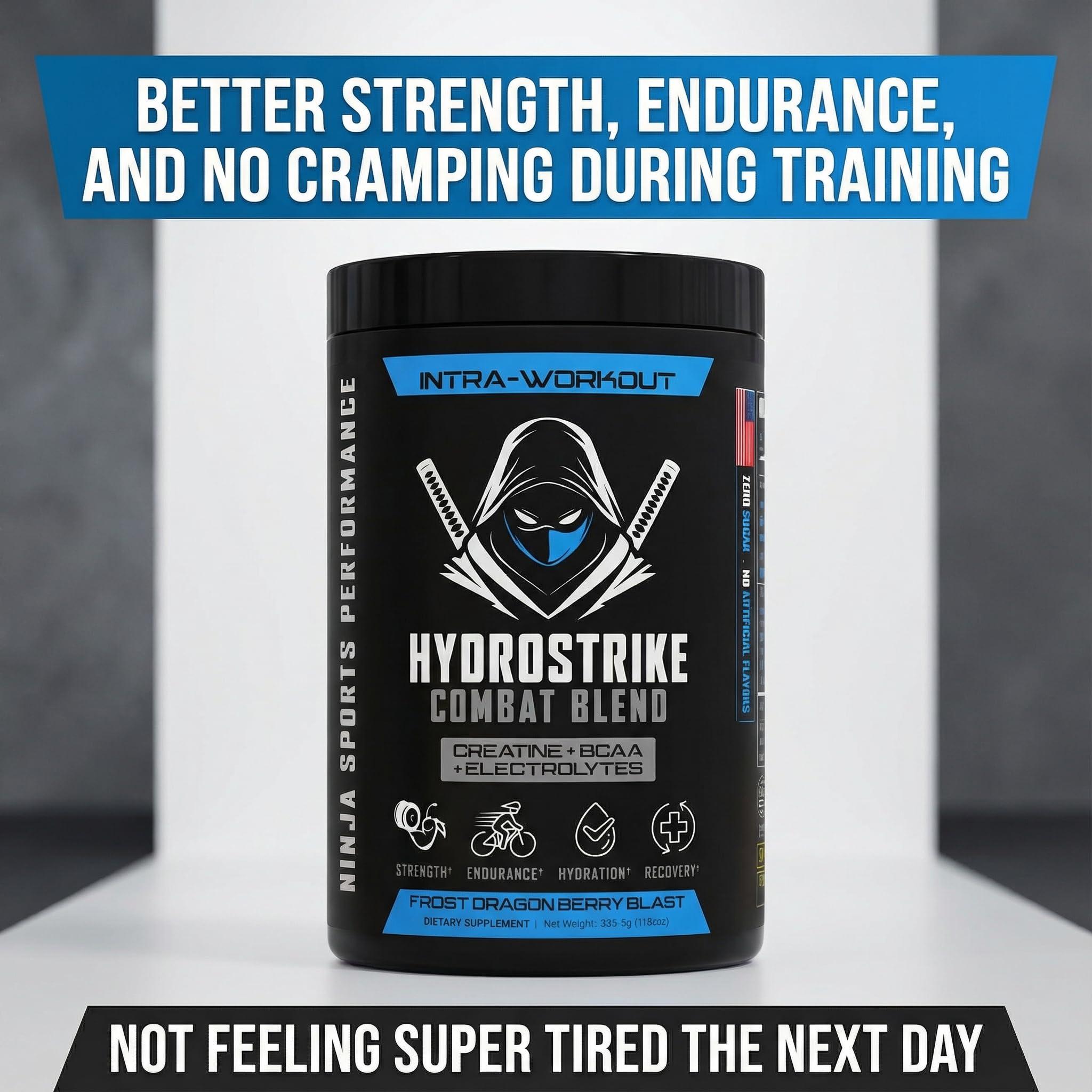 Ninja Sports Performance HydroStrike Combat Blend etiqueta clara para seguimiento de dosis.