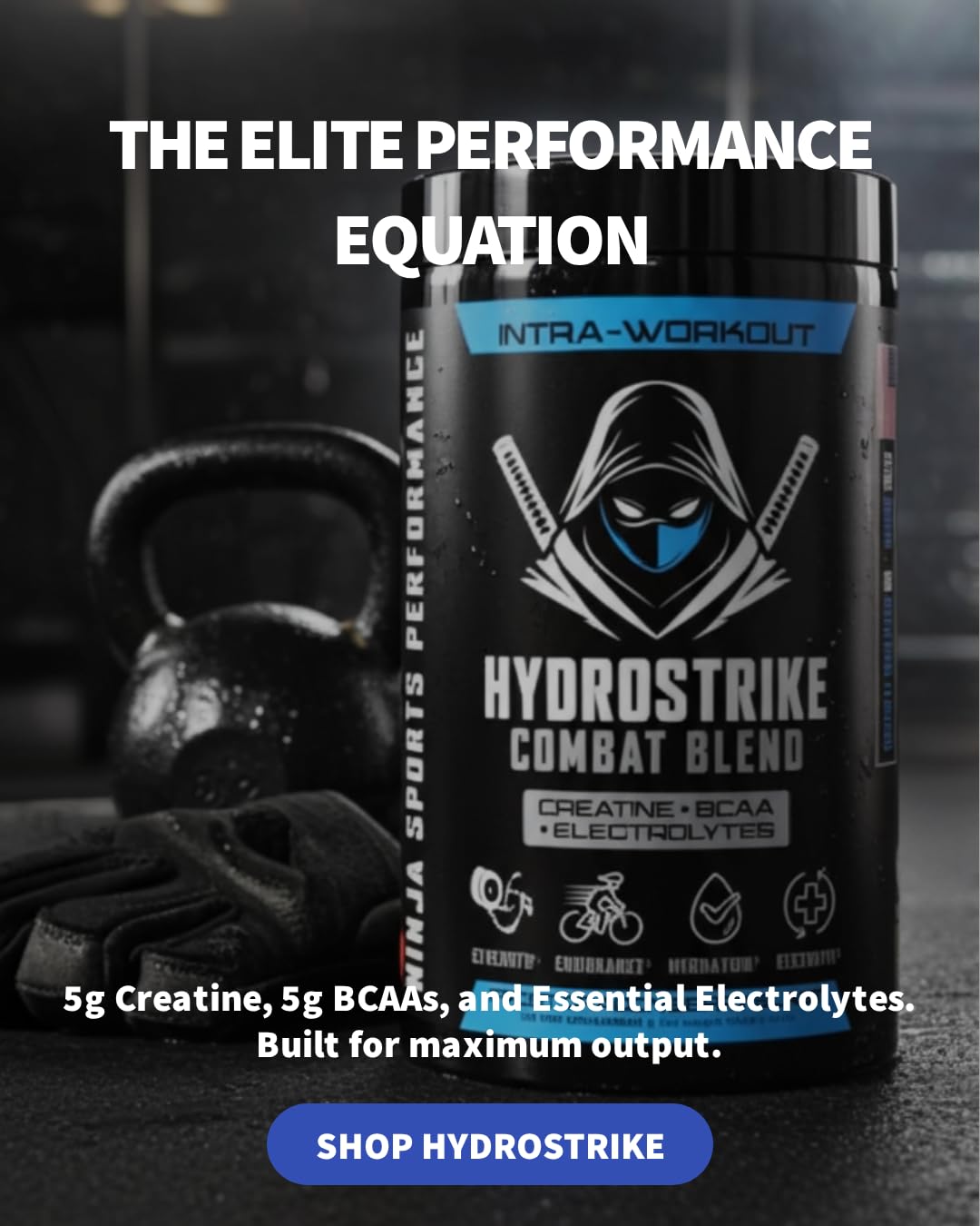 Ninja Sports Performance HydroStrike Combat Blend mezcla rápida en bebidas de entrenamiento.