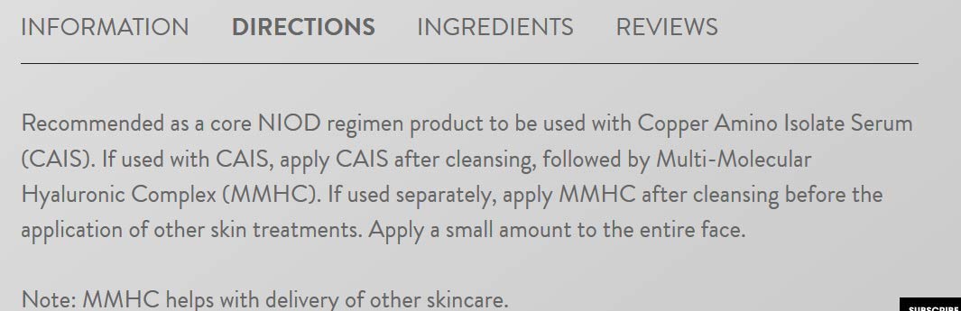 NIOD Multi-Molecular Hyaluronic Complex aplicación diaria para hidratación suave.