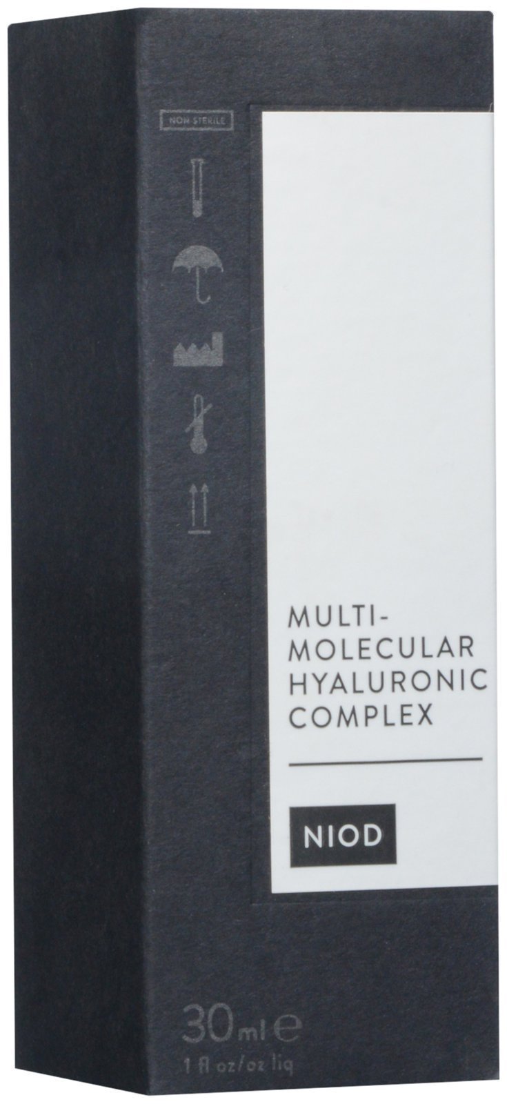 NIOD Multi-Molecular Hyaluronic Complex etiqueta, información clara sobre hidratación y uso diario.