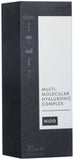 NIOD Multi-Molecular Hyaluronic Complex etiqueta, información clara sobre hidratación y uso diario.