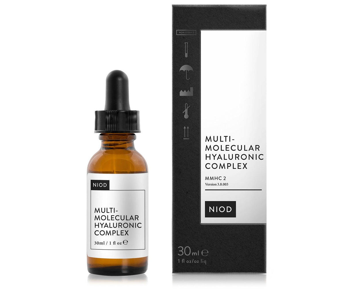 NIOD Multi-Molecular Hyaluronic Complex en frasco, hidrata la piel con suavidad.