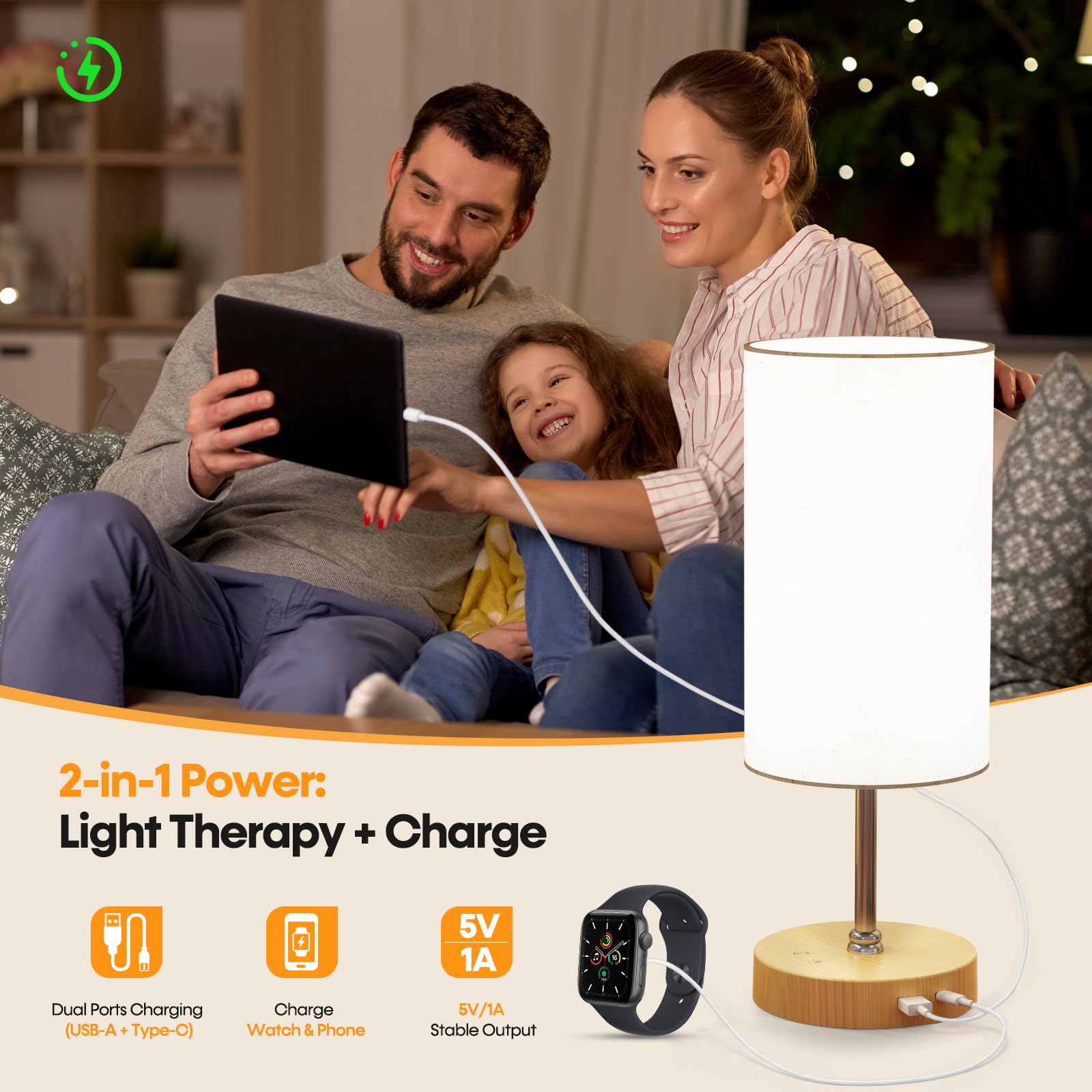 La lámpara NIORSUN con puertos USB-C y USB-A para carga durante el uso.