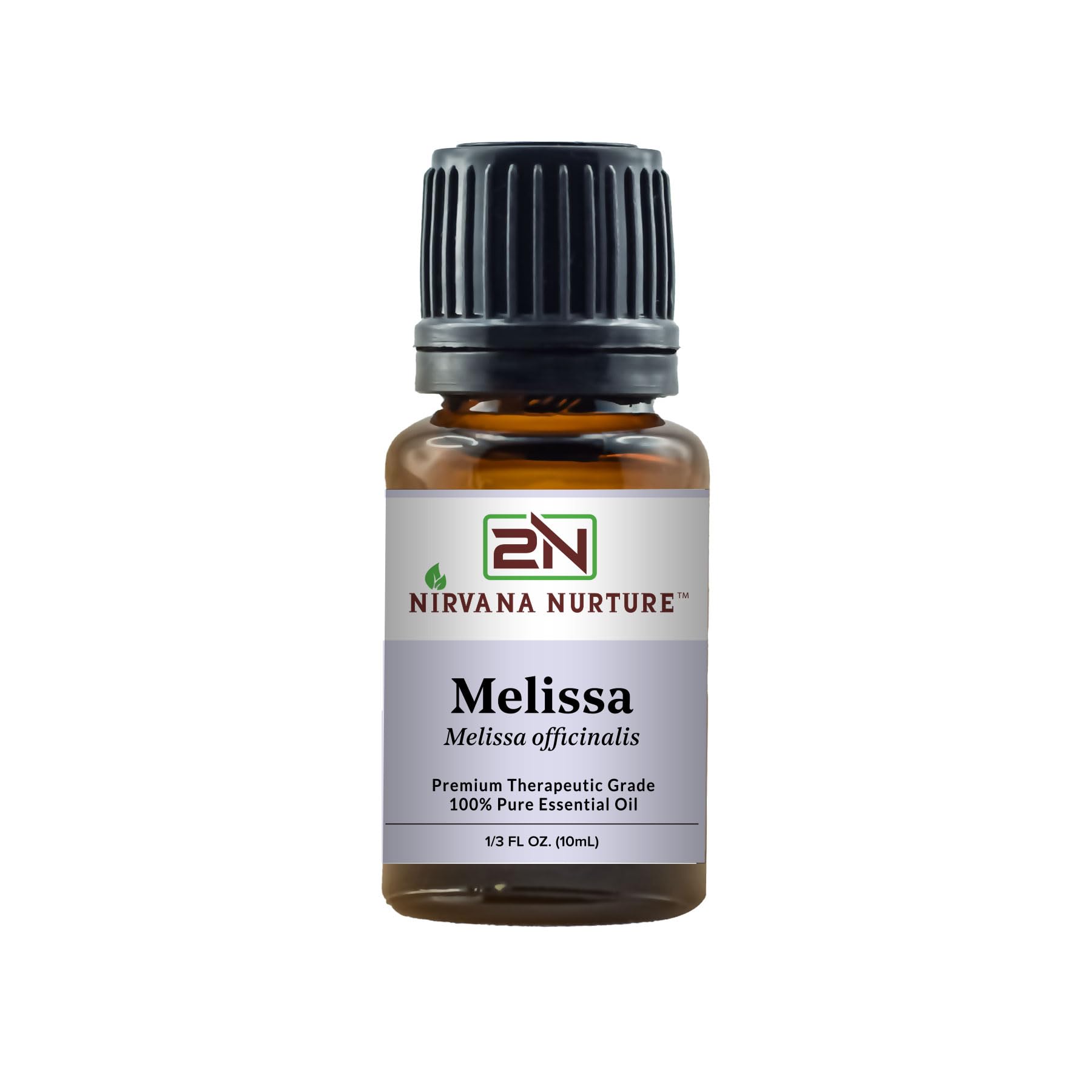 Nirvana Nurture Melissa en botella ámbar para uso puro y aromaterapia suave.
