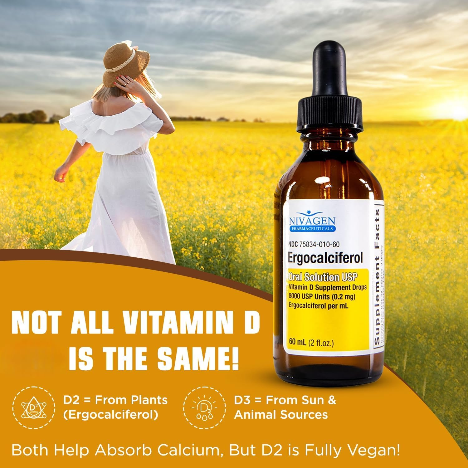 Nivagen Vitamina D2 líquida con 400 UI por porción para huesos y músculos