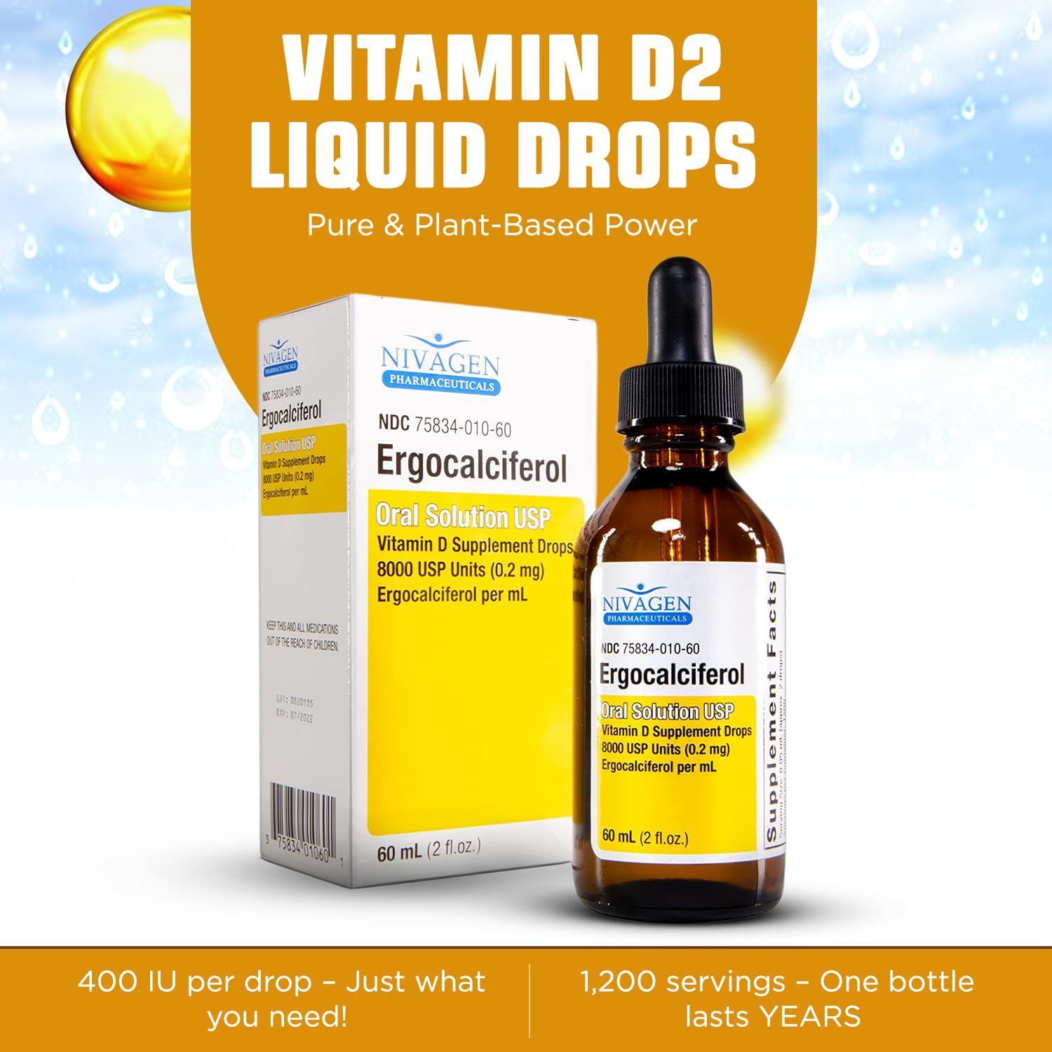 Nivagen Vitamina D2 líquida con dosis diaria de 2 gotas para absorción