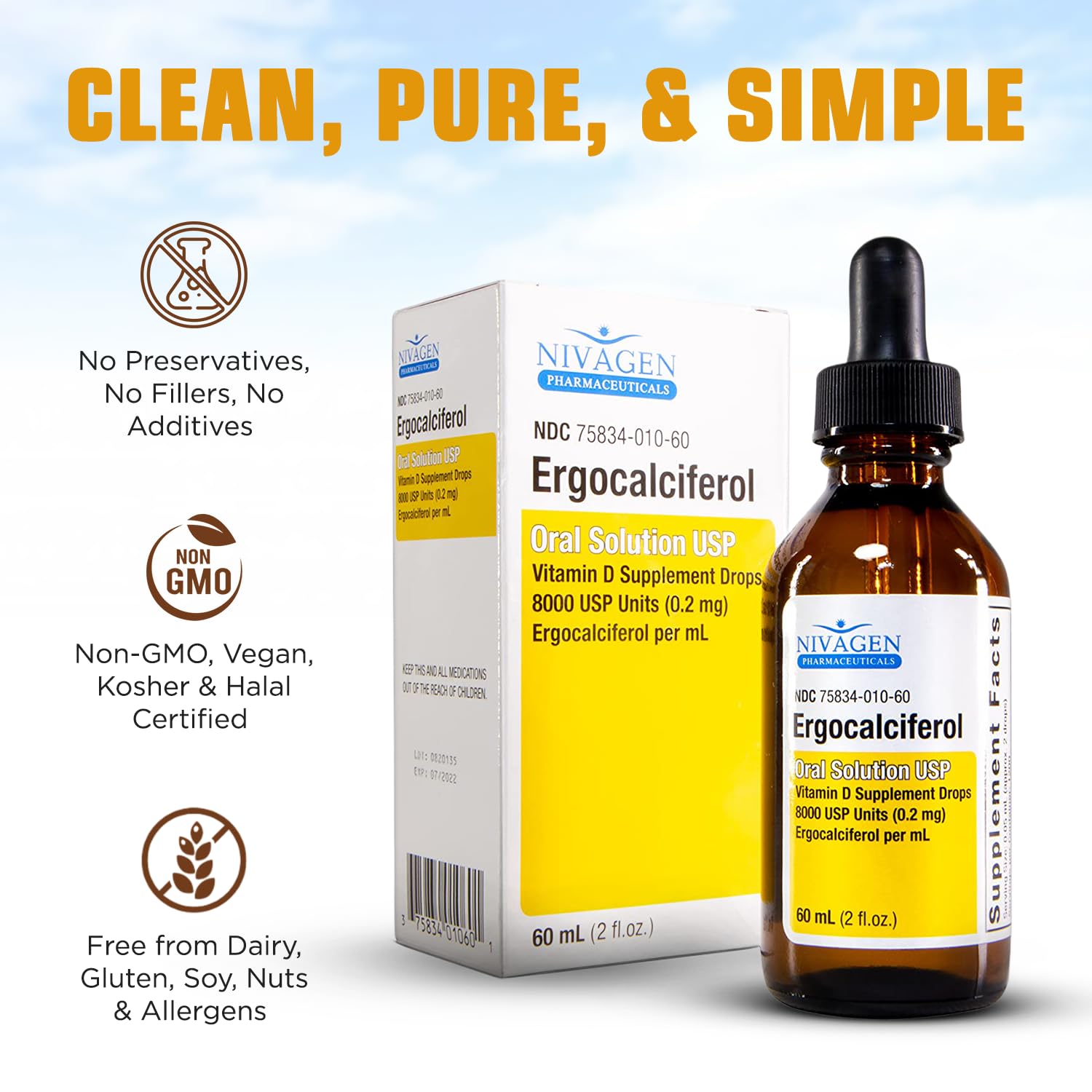 Producto hecho en Estados Unidos Nivagen Vitamina D2 líquida