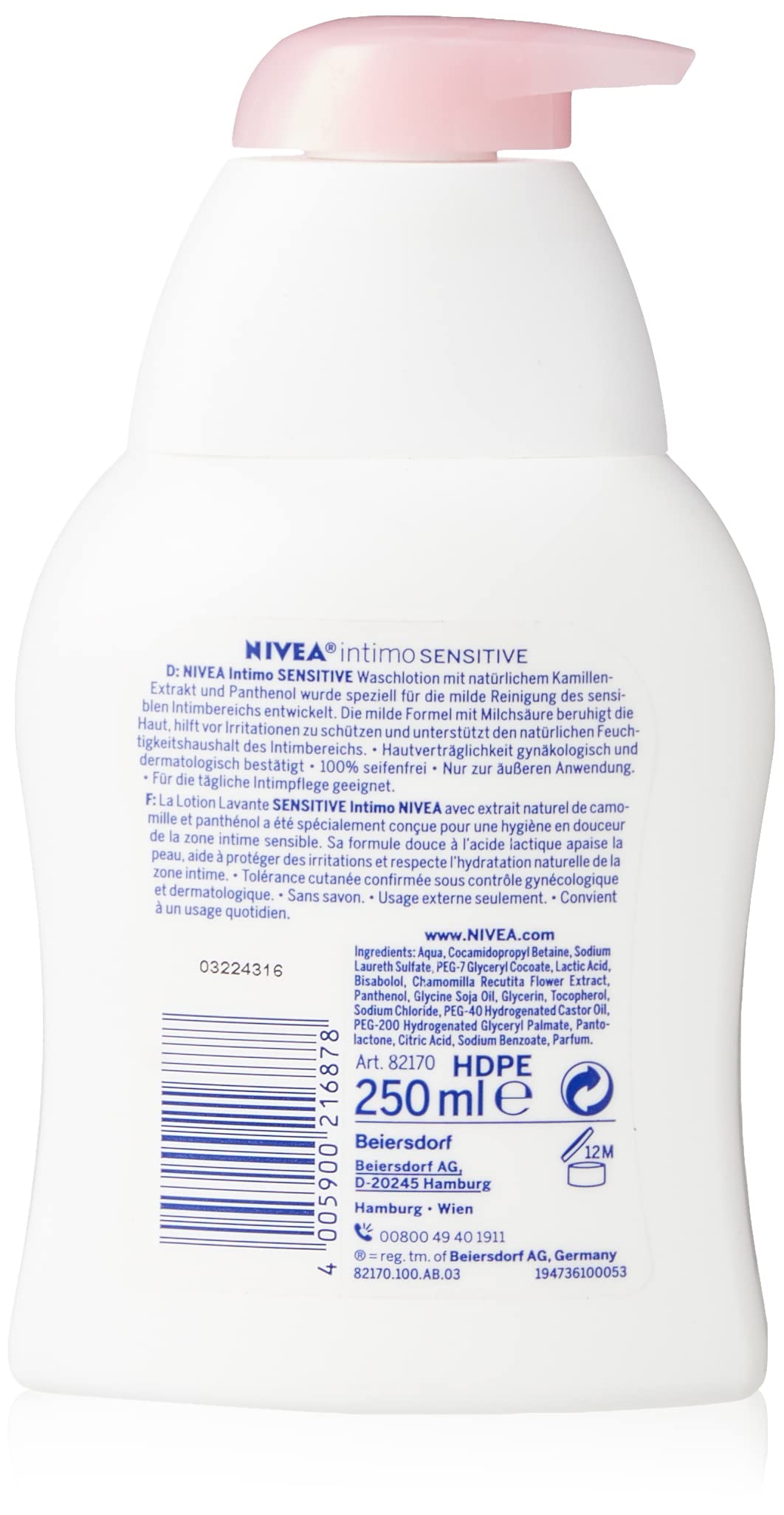 NIVEA Intimo Sensible, textura cremosa ideal para higiene diaria suave.