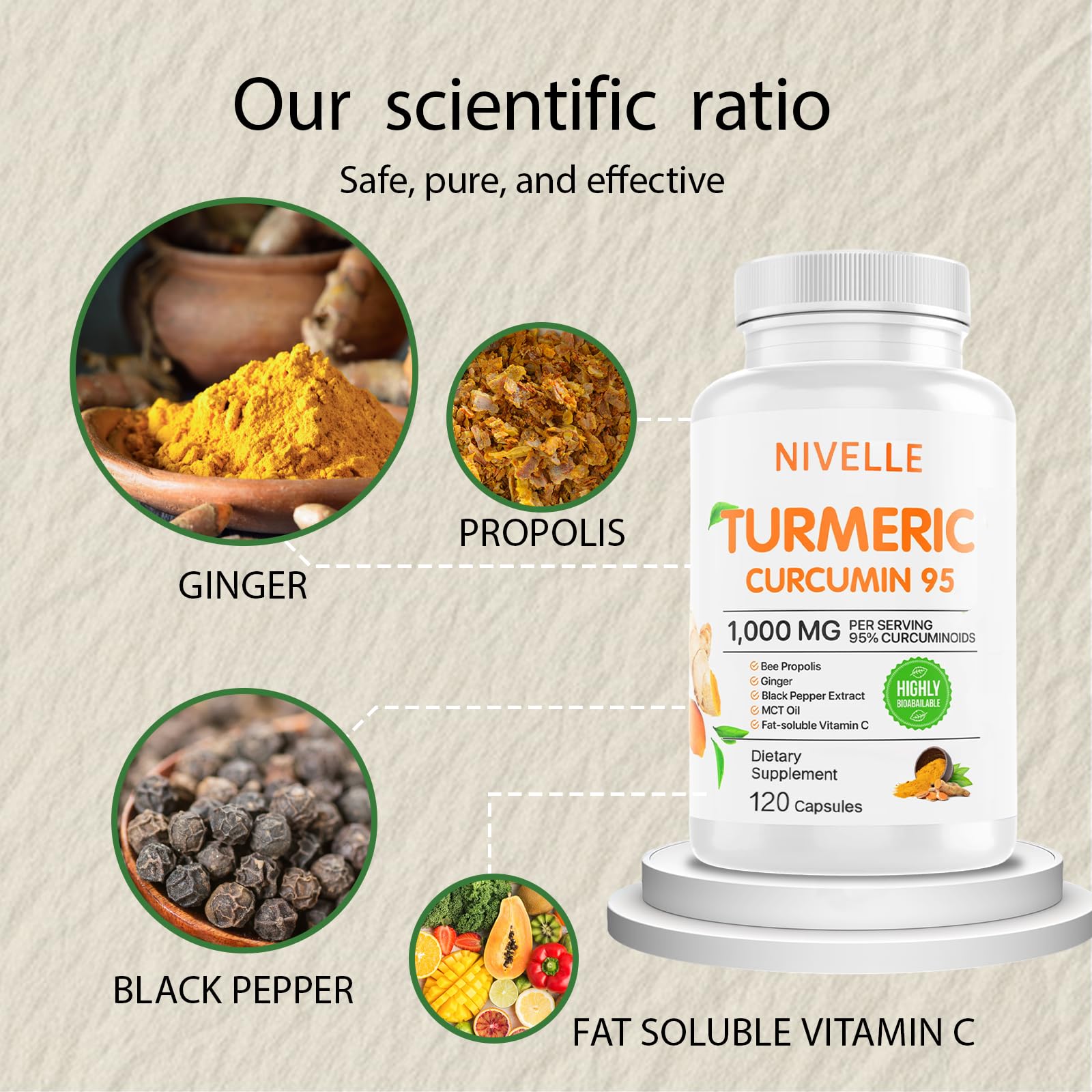 NIVELLE Curcumina de Cúrcuma, frasco de vidrio para conservar nutrientes.