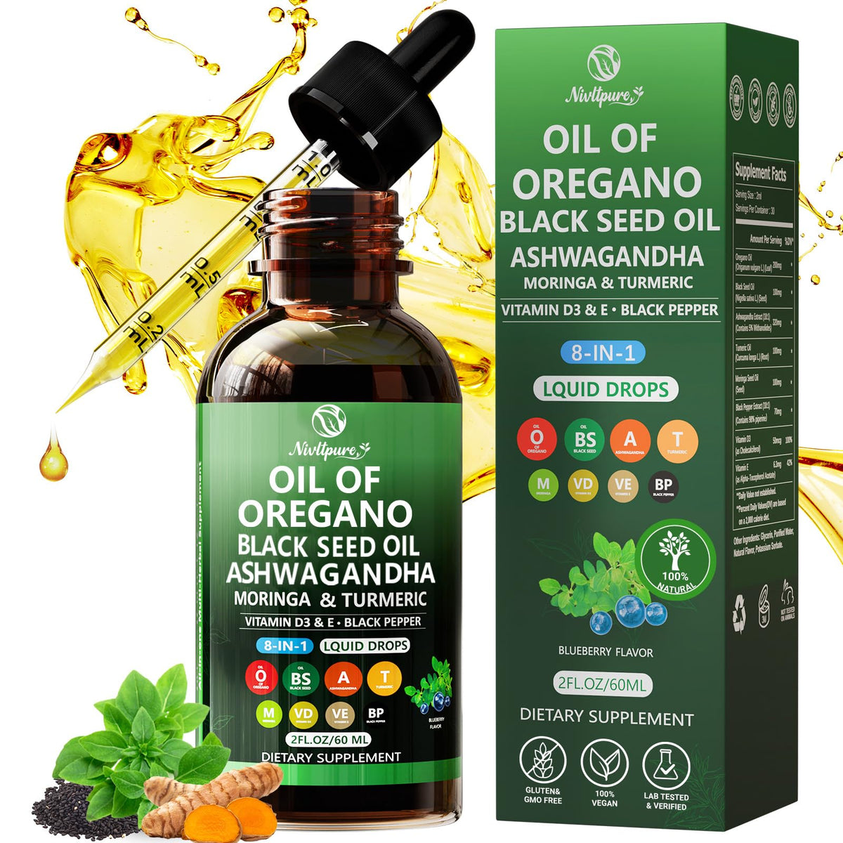 Nivltpure Aceite de oregano con semilla negra en botella, posible apoyo diario para el bienestar.