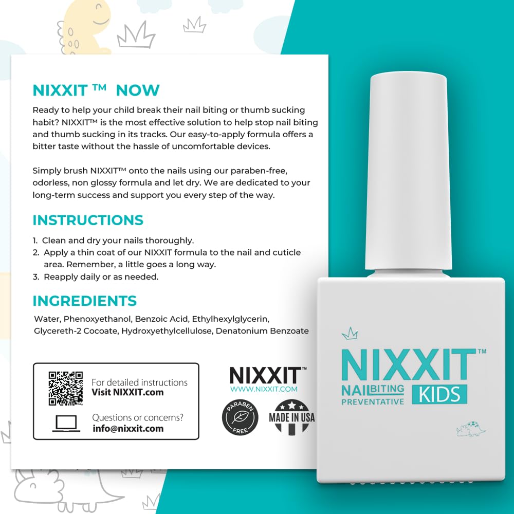 NIXXIT duración hasta 6 horas: protección continua para evitar que niños muerdan las uñas.