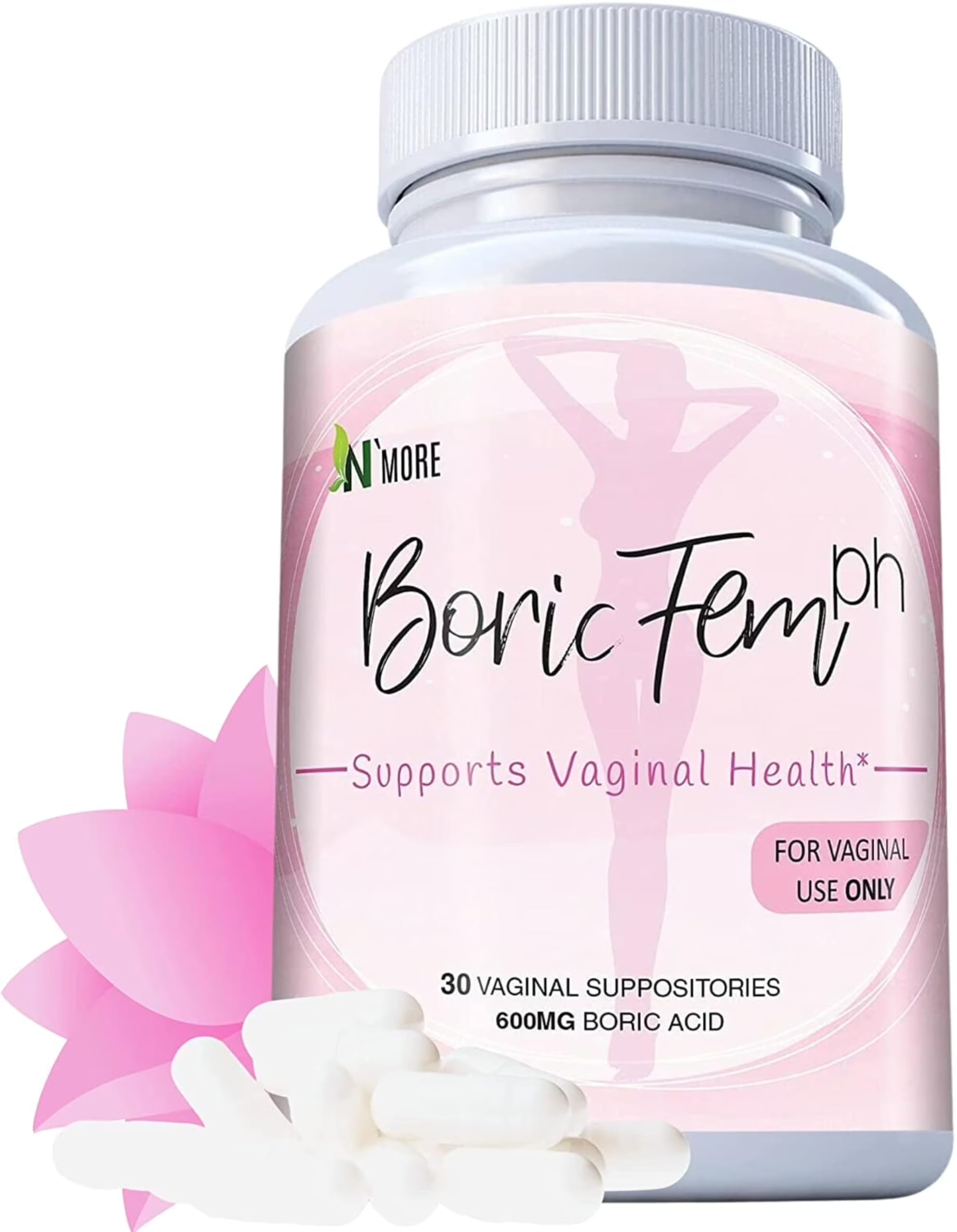 N'More borico supositorios vaginales en envase práctico para uso diario.