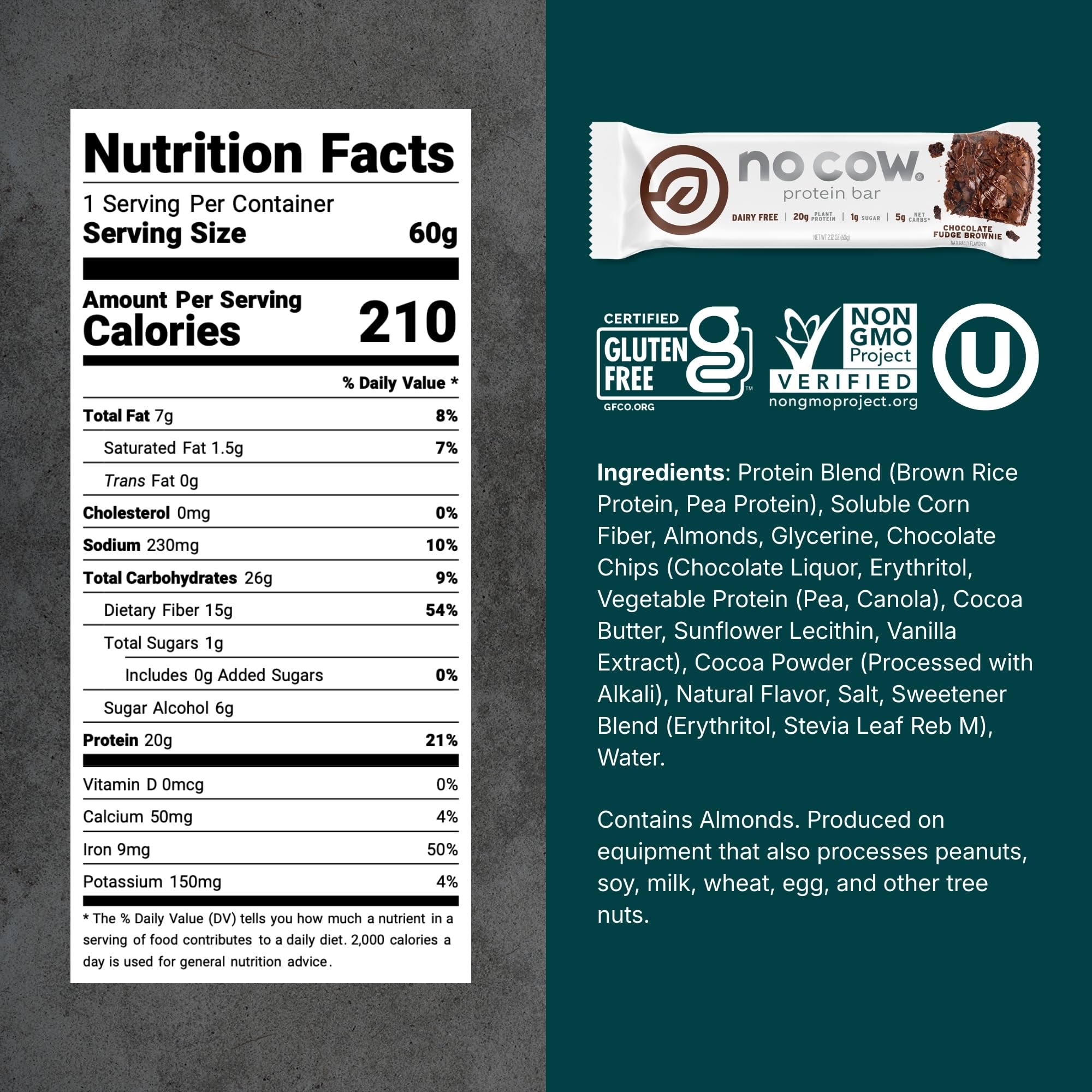 No Cow barra proteina vegan chocolate fudge brownie caja 12: ideal para llevar al gym.