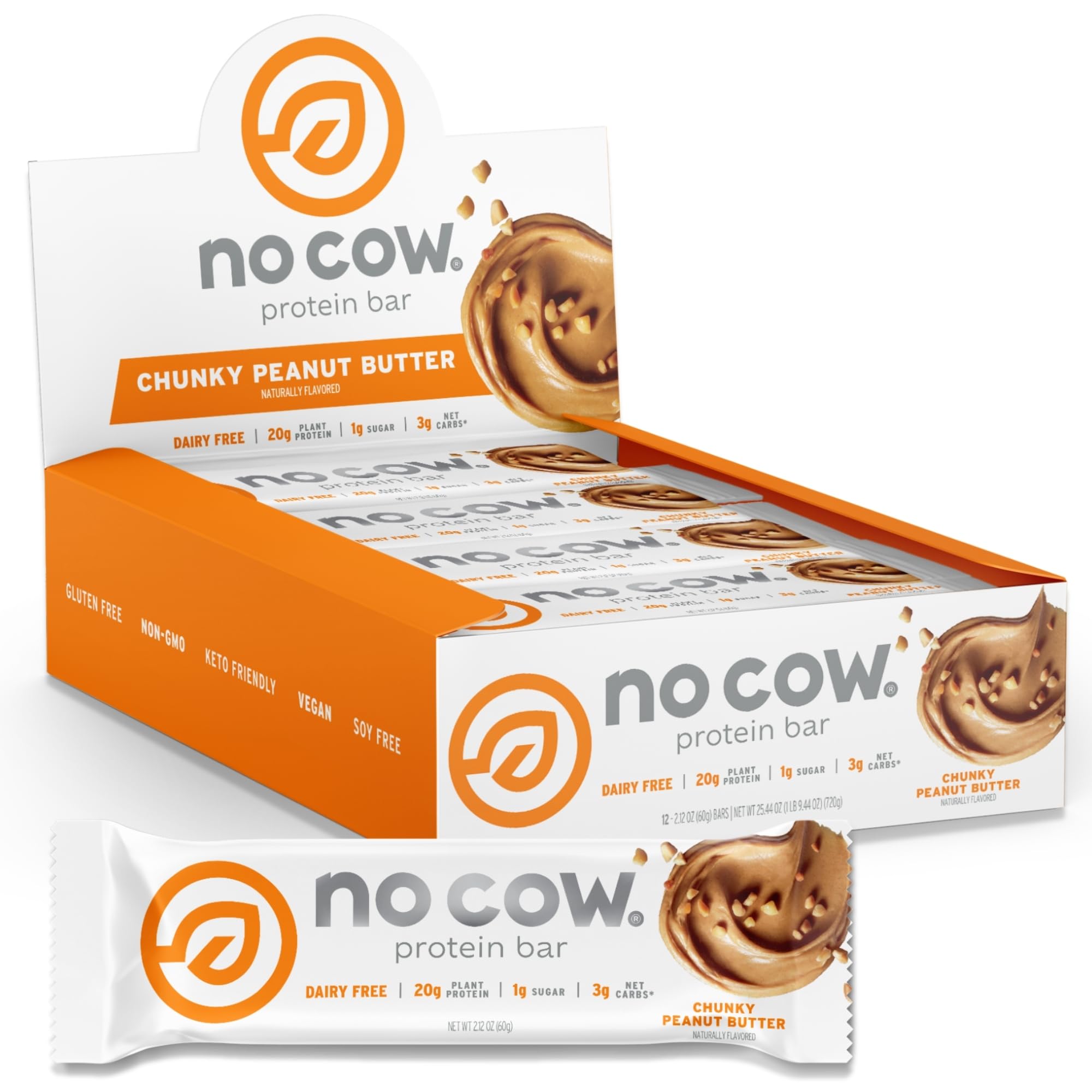 No Cow barra proteina vegana chunky con trozos de maní para energía tras el entrenamiento.