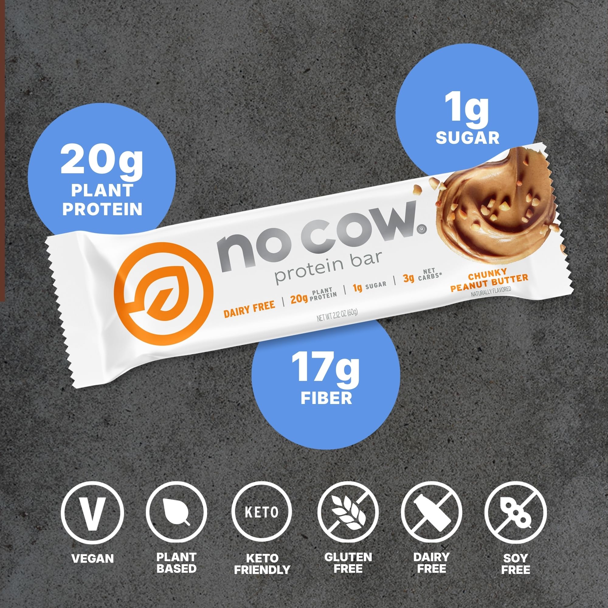 No Cow barra proteina vegana chunky sabor mantequilla de maní con trozos.
