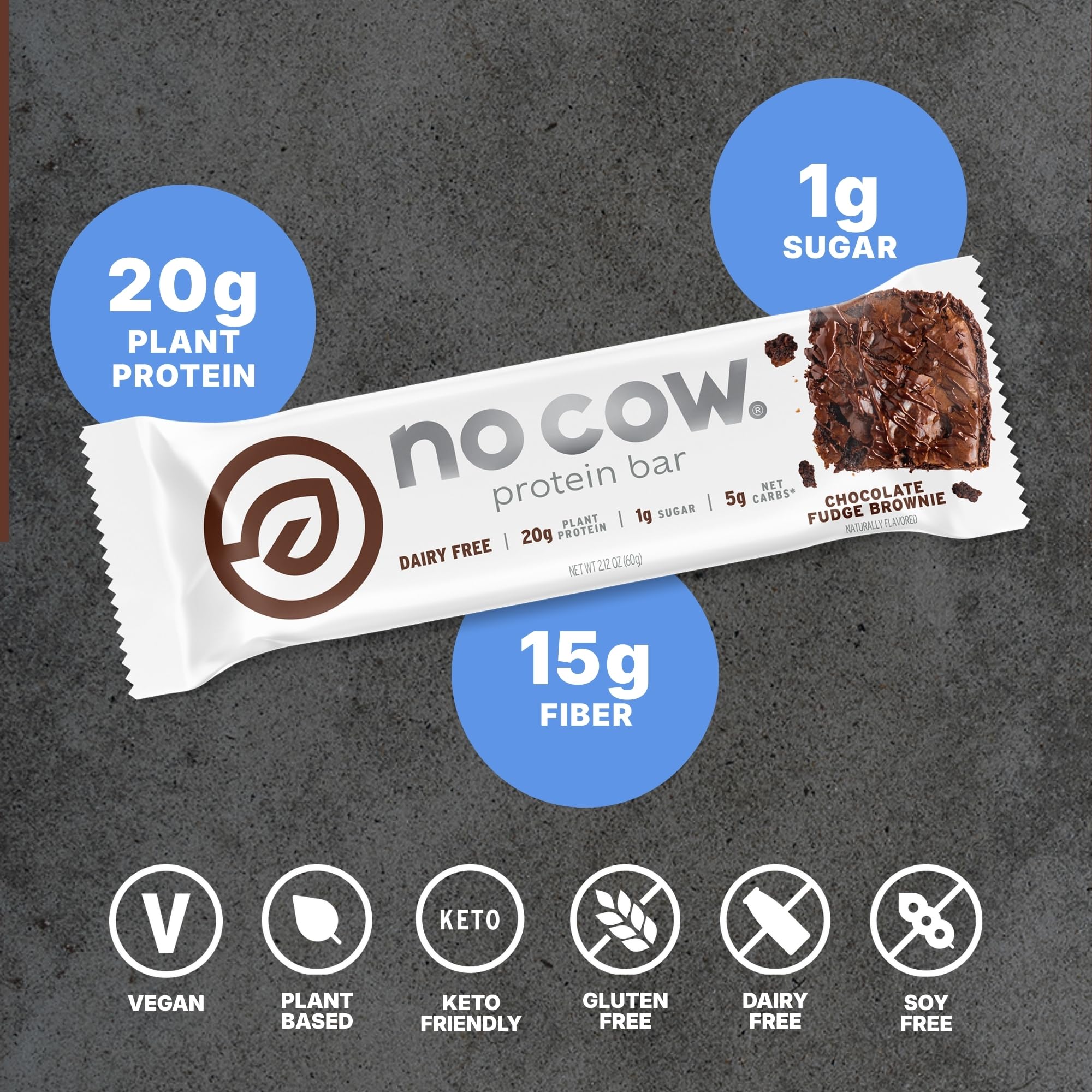 No Cow barra proteina vegan chocolate fudge brownie textura cremosa y saciante.