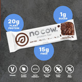 No Cow barra proteina vegan chocolate fudge brownie textura cremosa y saciante.