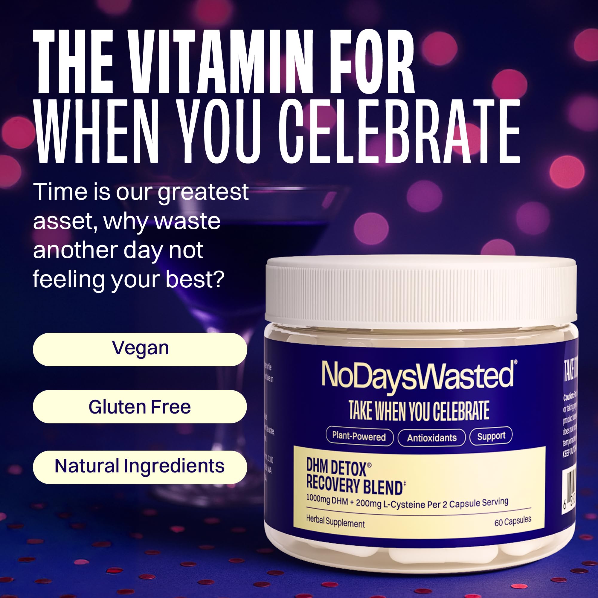 No Days Wasted DHM Detox, etiqueta detallada: ingredientes clave para apoyo nocturno.