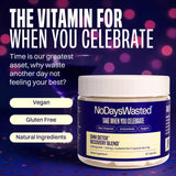 No Days Wasted DHM Detox, etiqueta detallada: ingredientes clave para apoyo nocturno.