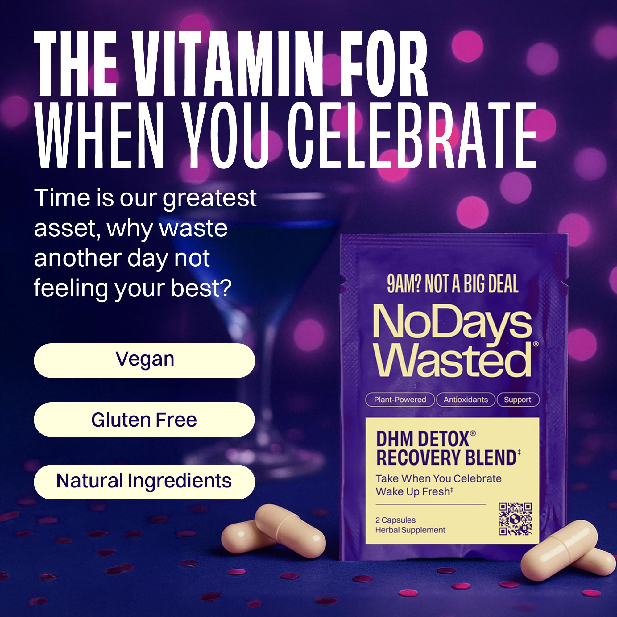 No Days Wasted DHM Detox cápsulas grandes para tomar con agua tras la celebración.
