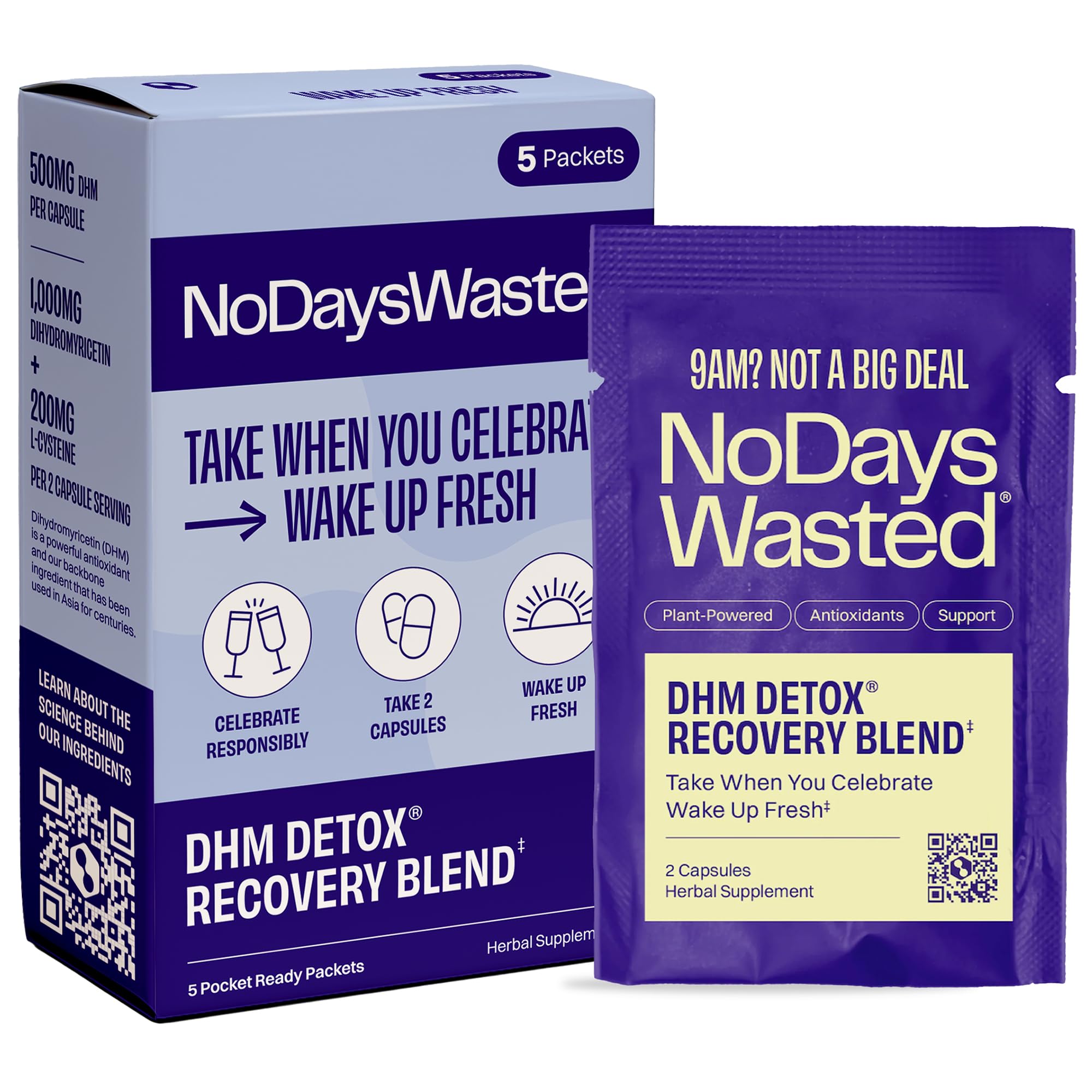 No Days Wasted DHM Detox porciones 5 para uso nocturno y recuperación al día siguiente.