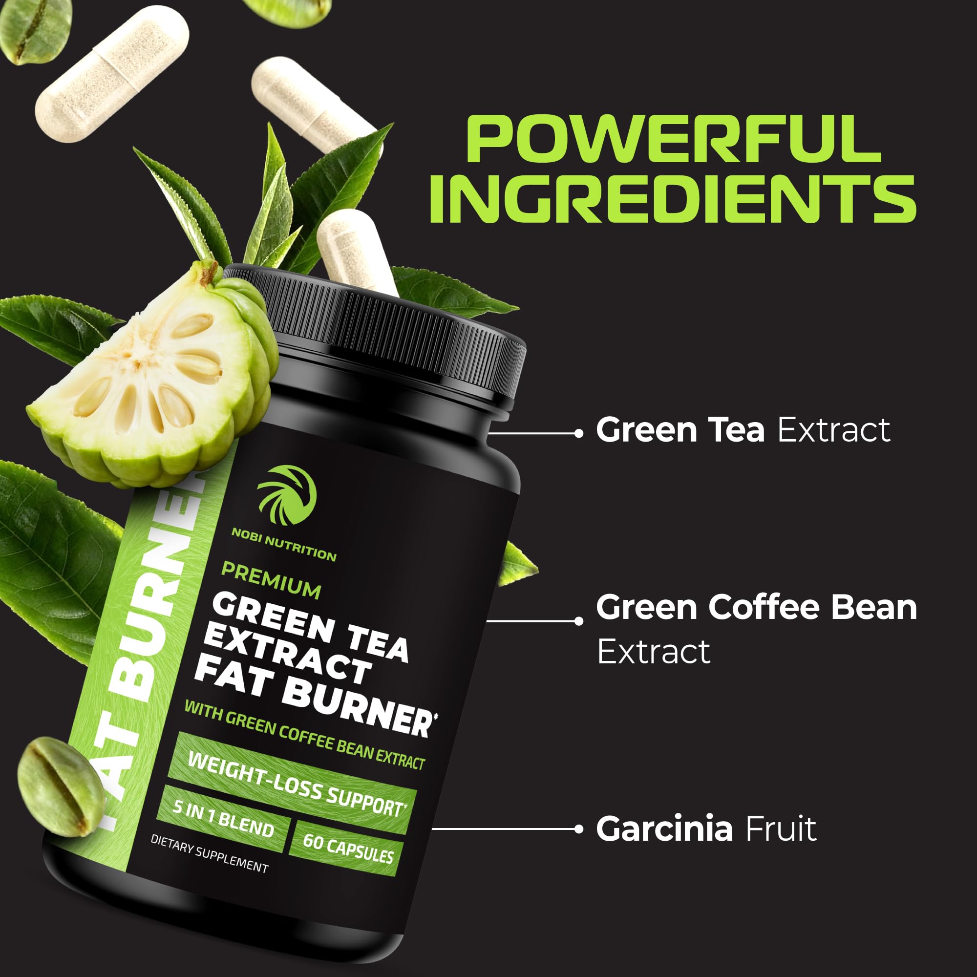 Nobi Nutrition etiqueta muestra catequinas y EGCG como componentes.