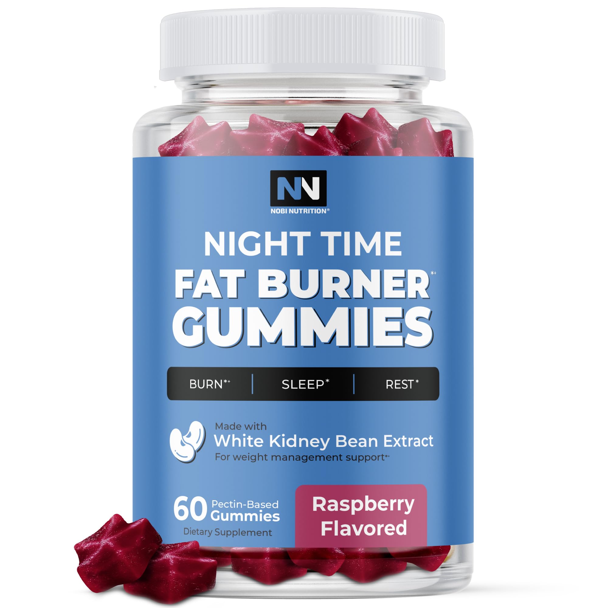 Gomitas nocturnas de Nobi Nutrition junto a la botella para apoyar la quema de grasa durante la noche
