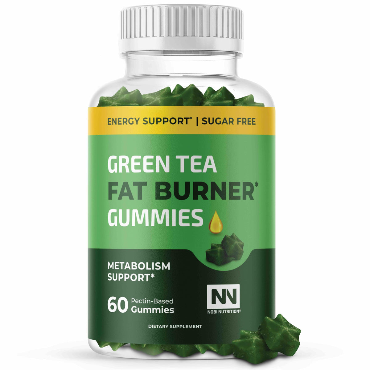Gomitas de Nobi Nutrition con té verde para quema de grasa, en botella.