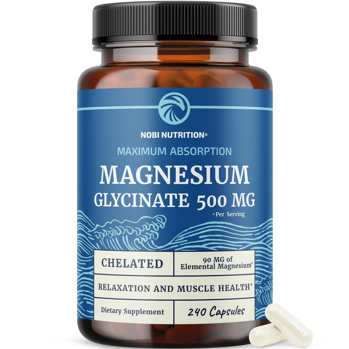 Nobi Nutrition Magnesio Glicinato 500 mg cápsulas, fáciles de tragar para uso diario.