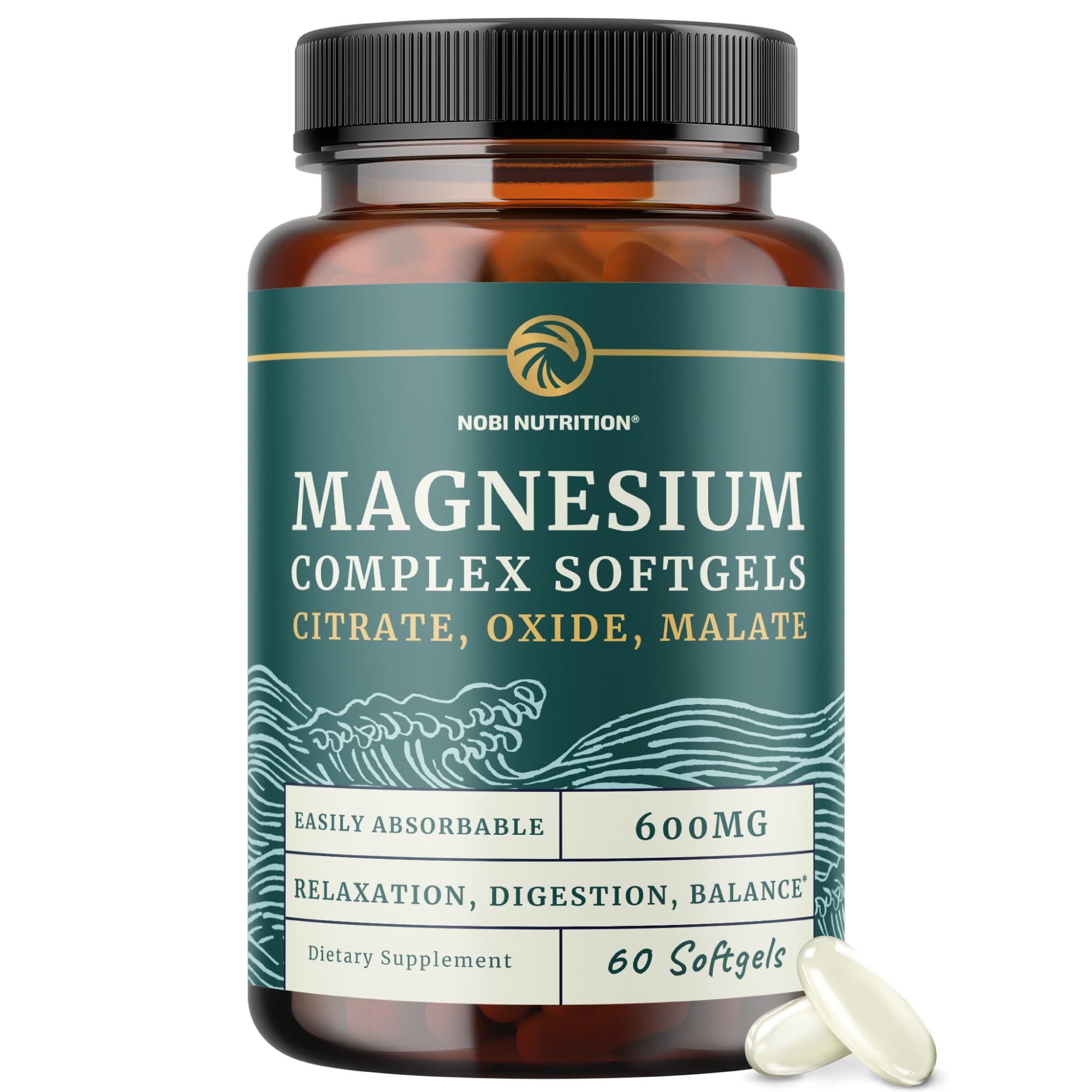 Nobi Nutrition Magnesio Triple, cápsulas suaves, envase de 60, apoyo digestivo suave.