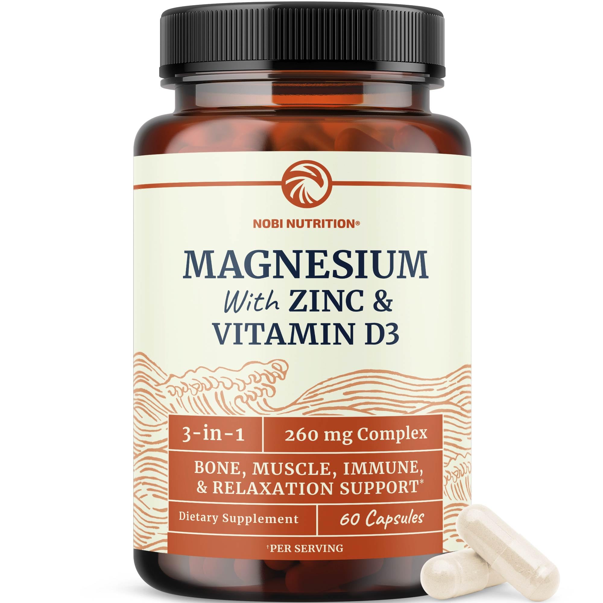 Nobi Nutrition cápsulas de magnesio, zinc y D3, formato práctico.
