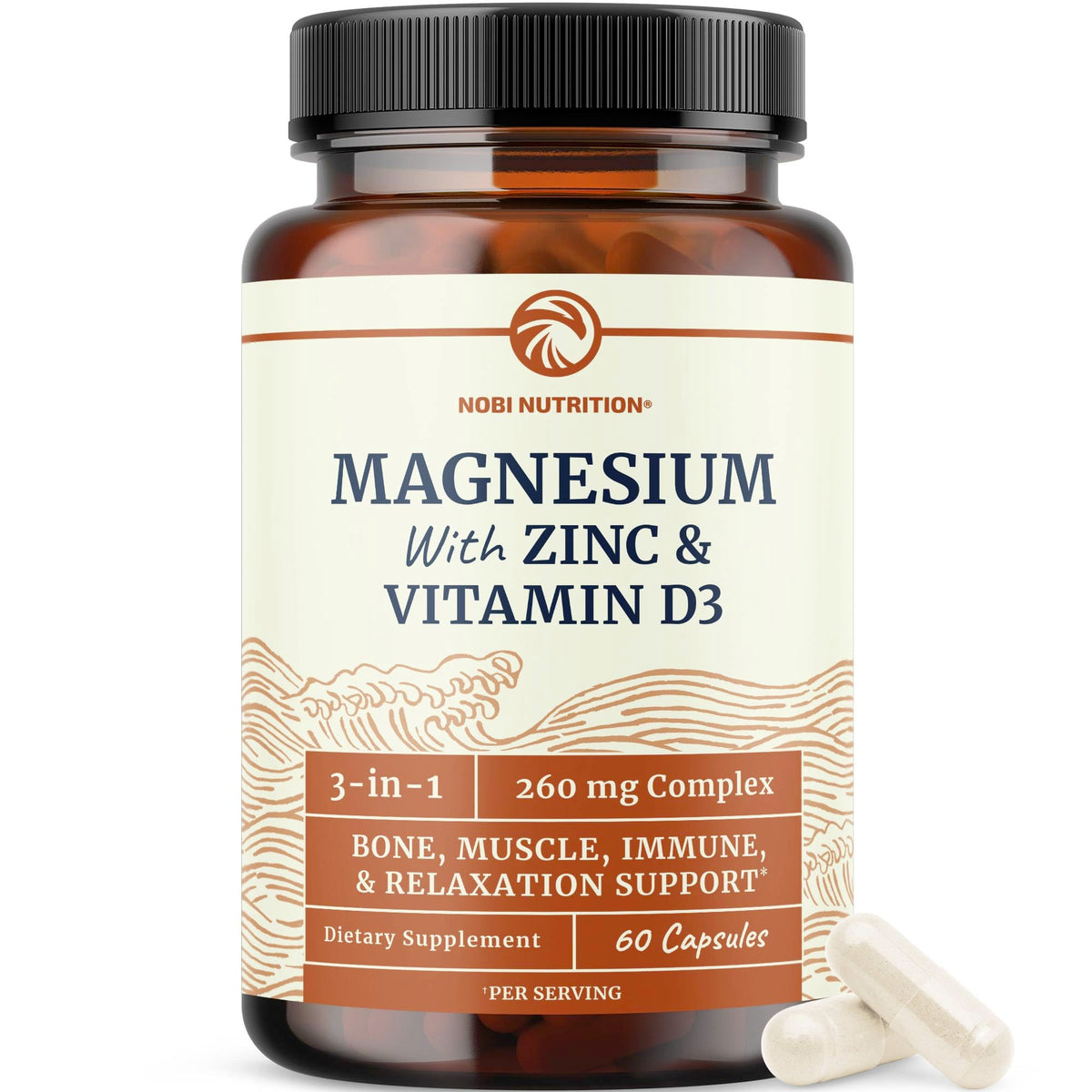 Nobi Nutrition cápsulas de magnesio, zinc y D3, formato práctico.
