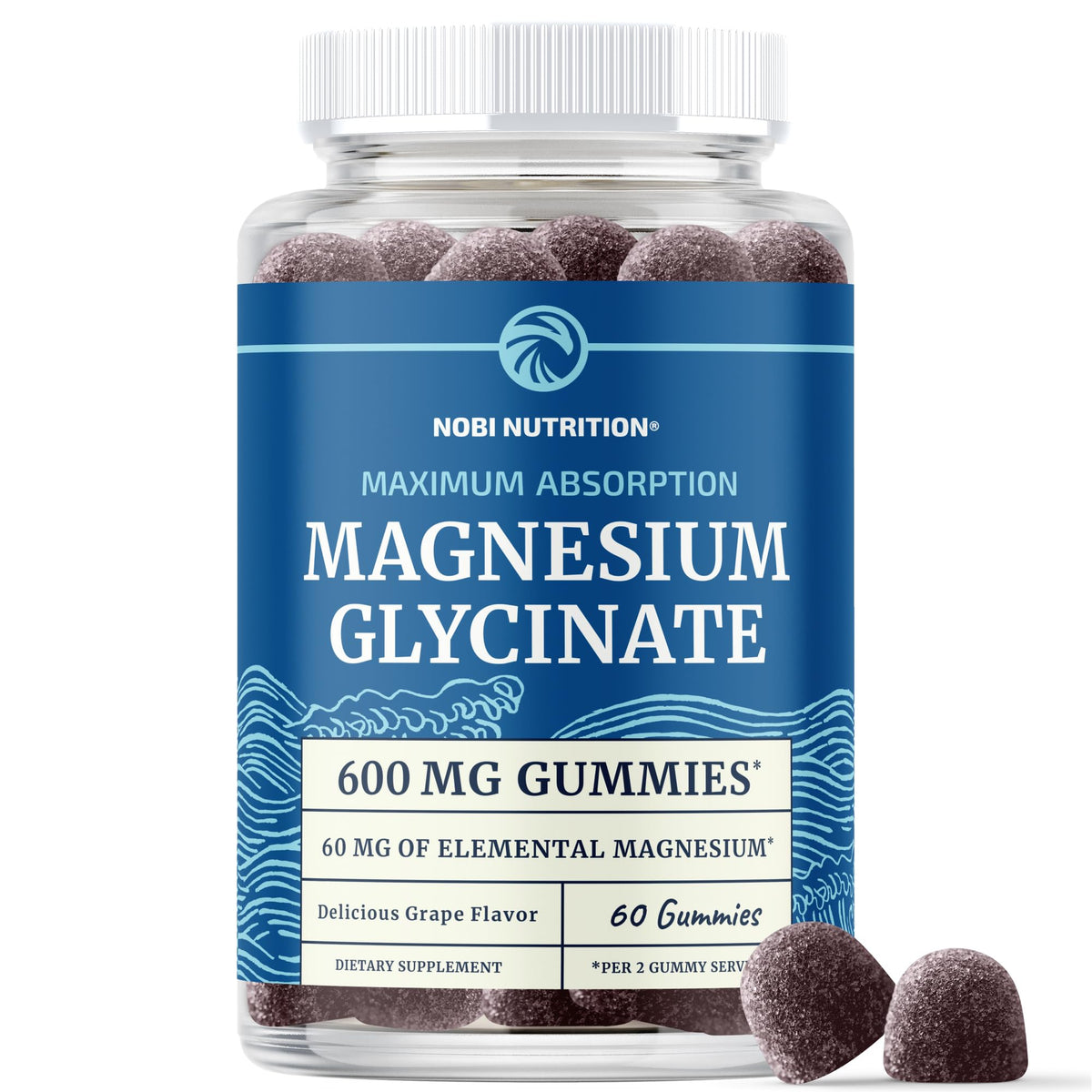 Gomitas de Nobi Nutrition Magnesium Glycinate en frasco, fácil almacenamiento diario.