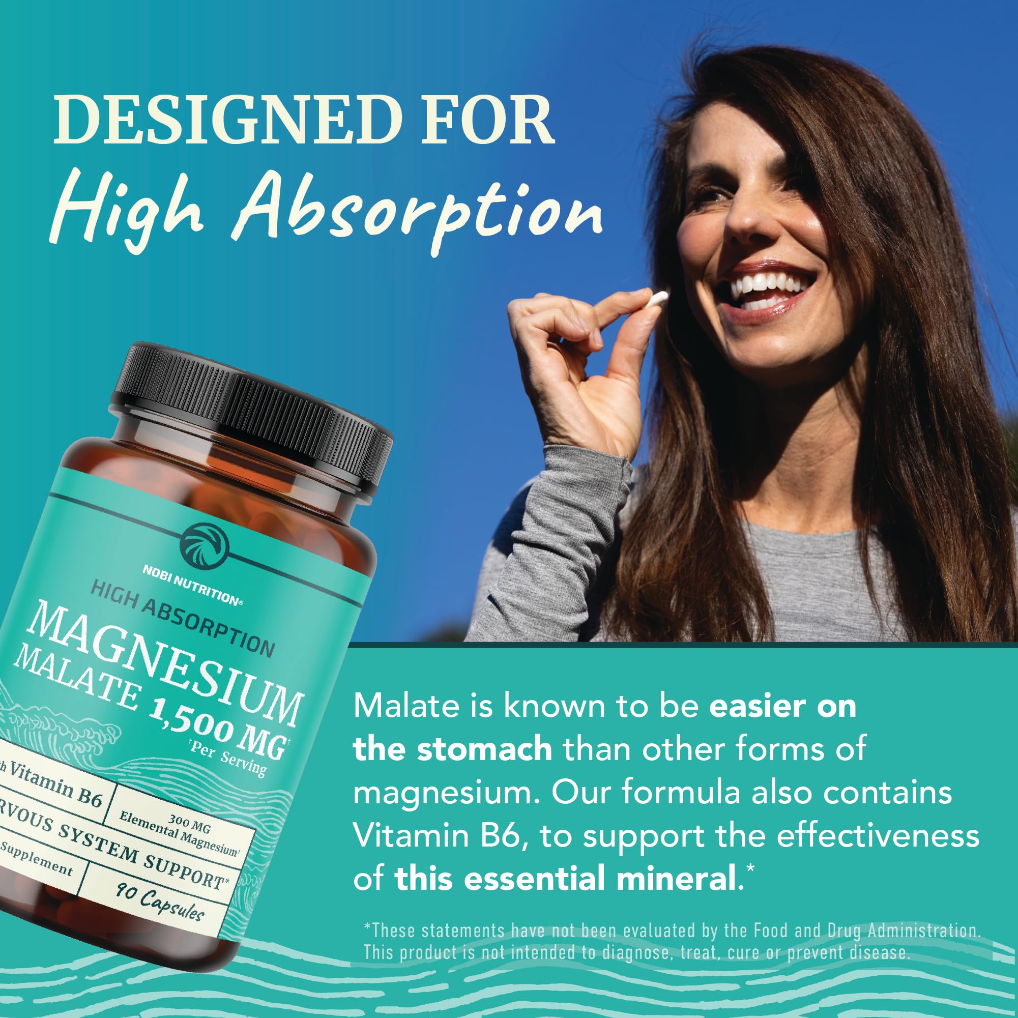 Nobi Nutrition Magnesium Malate 1500mg, envase con vitamina B6, apoyo general