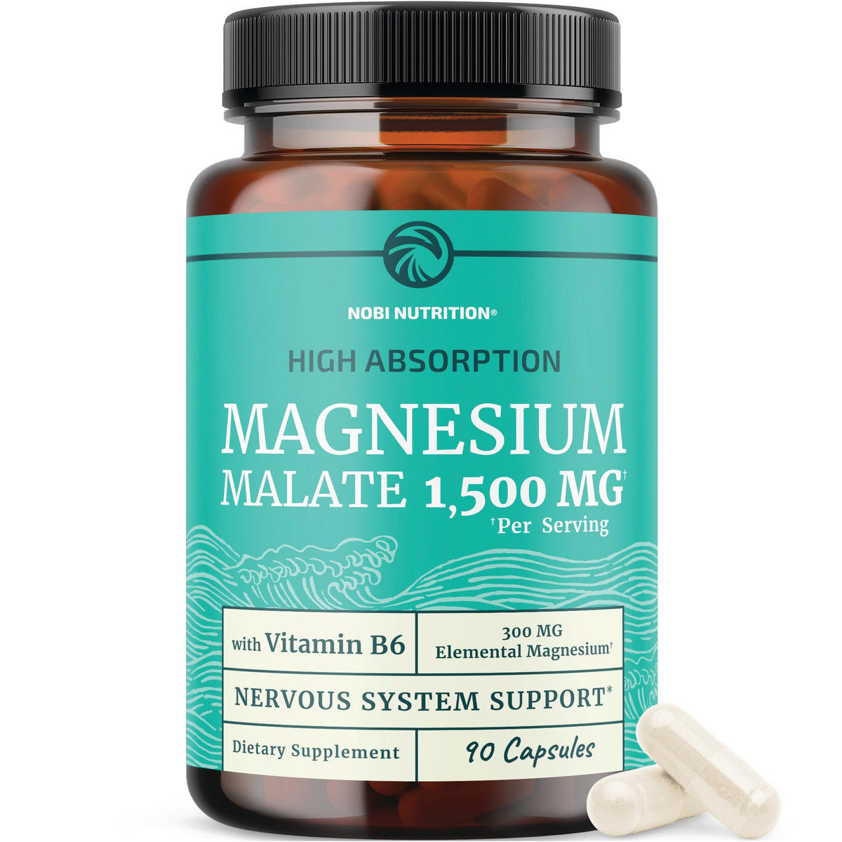 Nobi Nutrition Magnesium Malate 1500mg, frasco de cápsulas, energía estable para el día