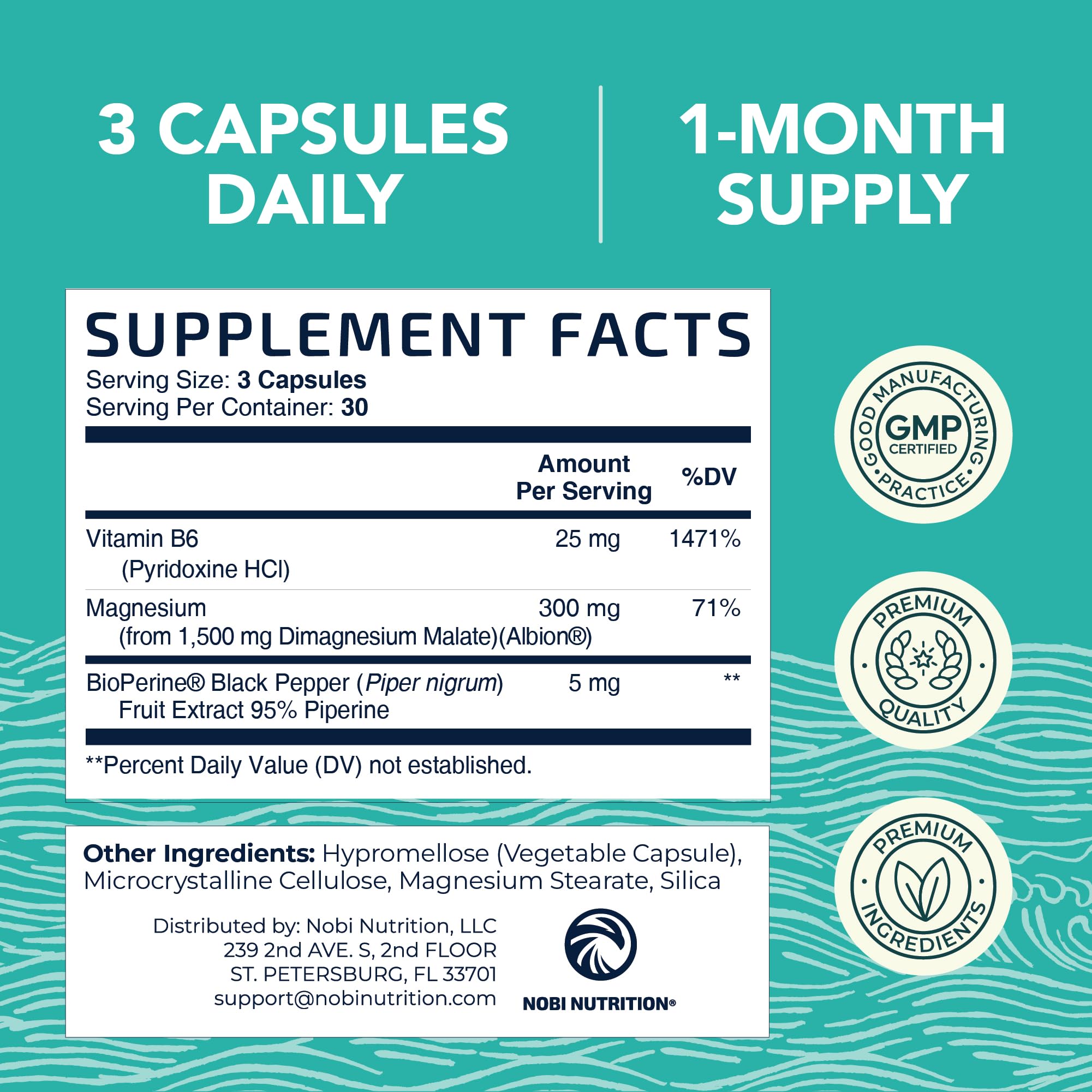 Nobi Nutrition Magnesium Malate 1500mg, cápsulas y extracto de pimienta negra, mejor absorción