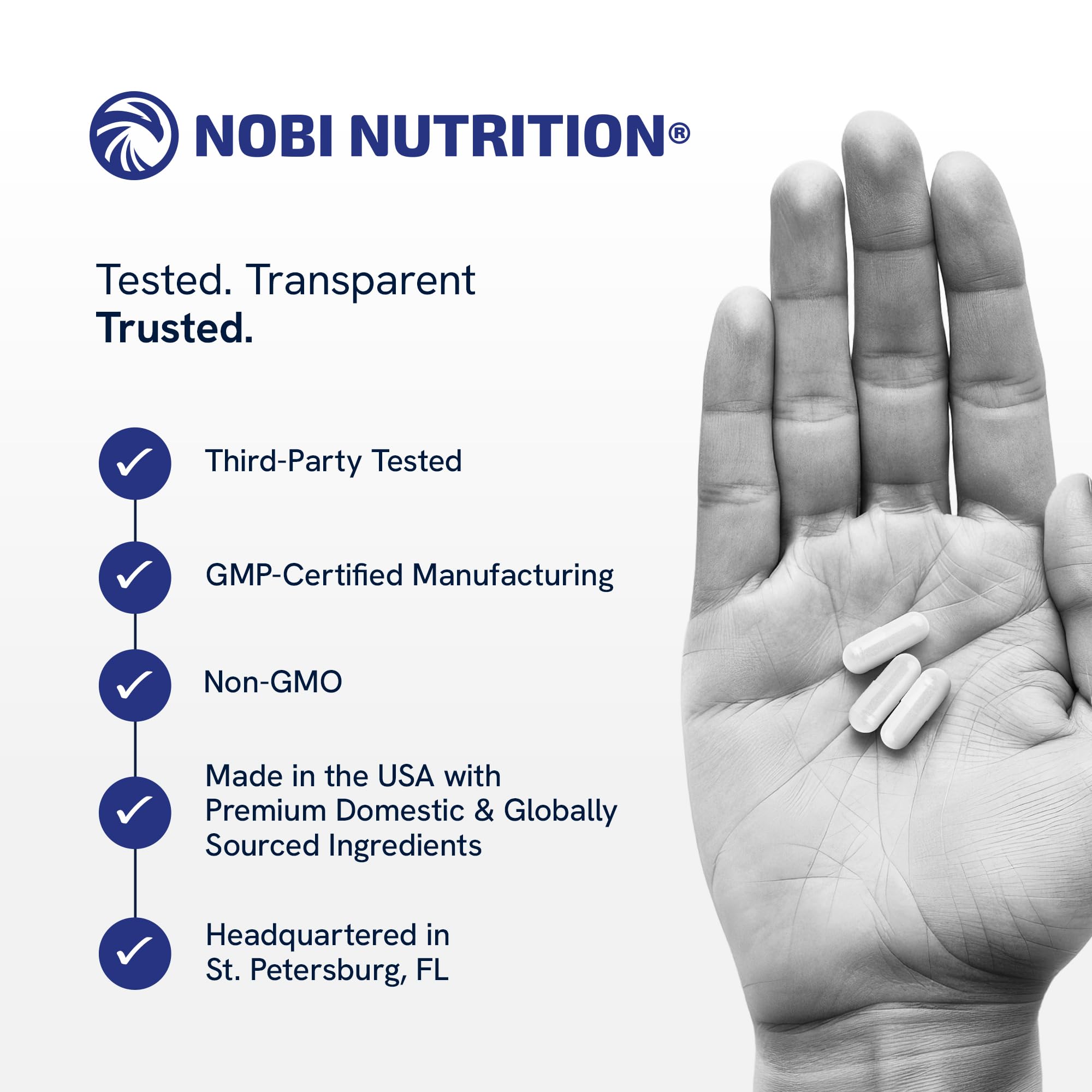 Nobi Nutrition NMN, etiqueta clara con información de pureza y origen.