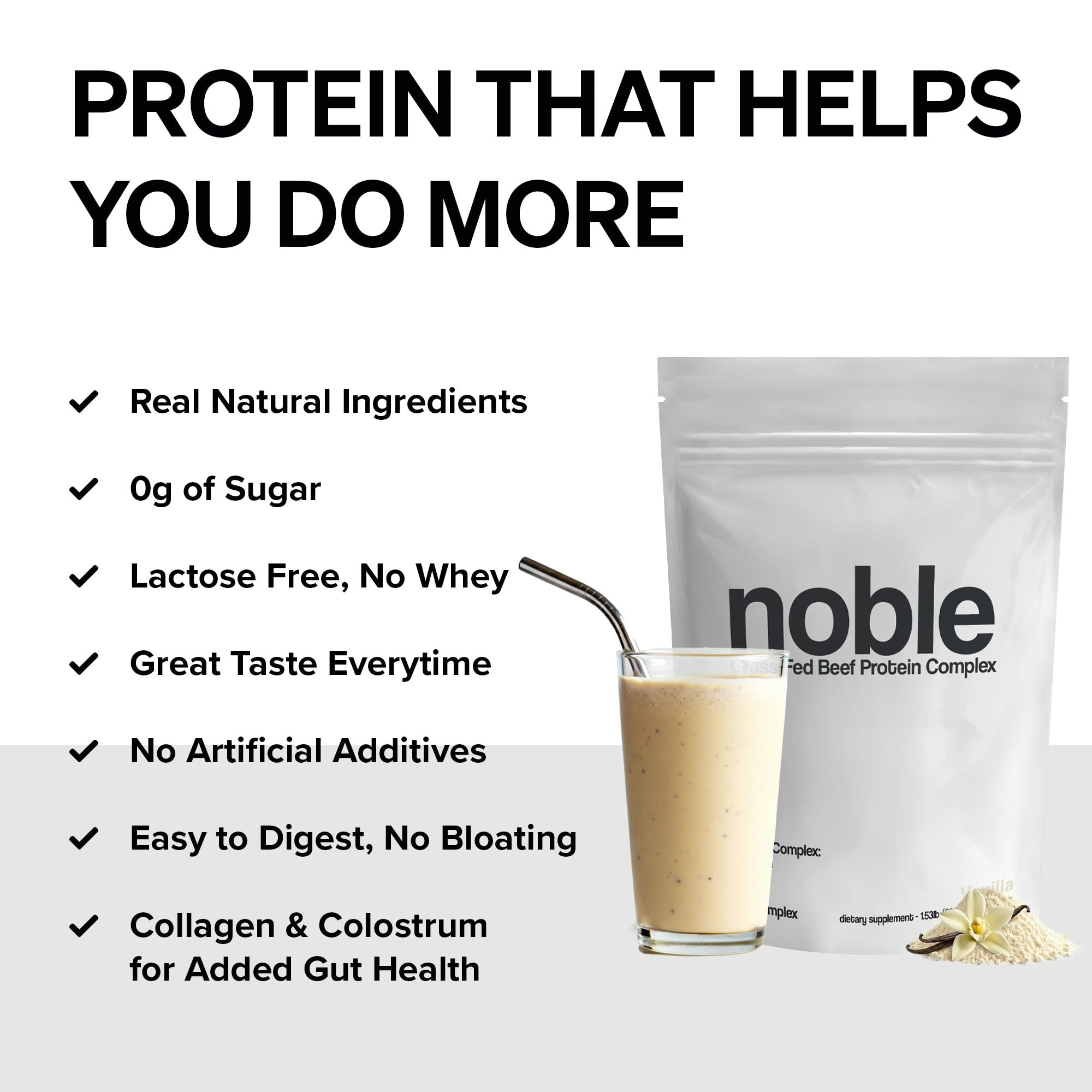Batido de Noble Origins Proteína de Res vainilla, listo en vaso para recuperación diaria.