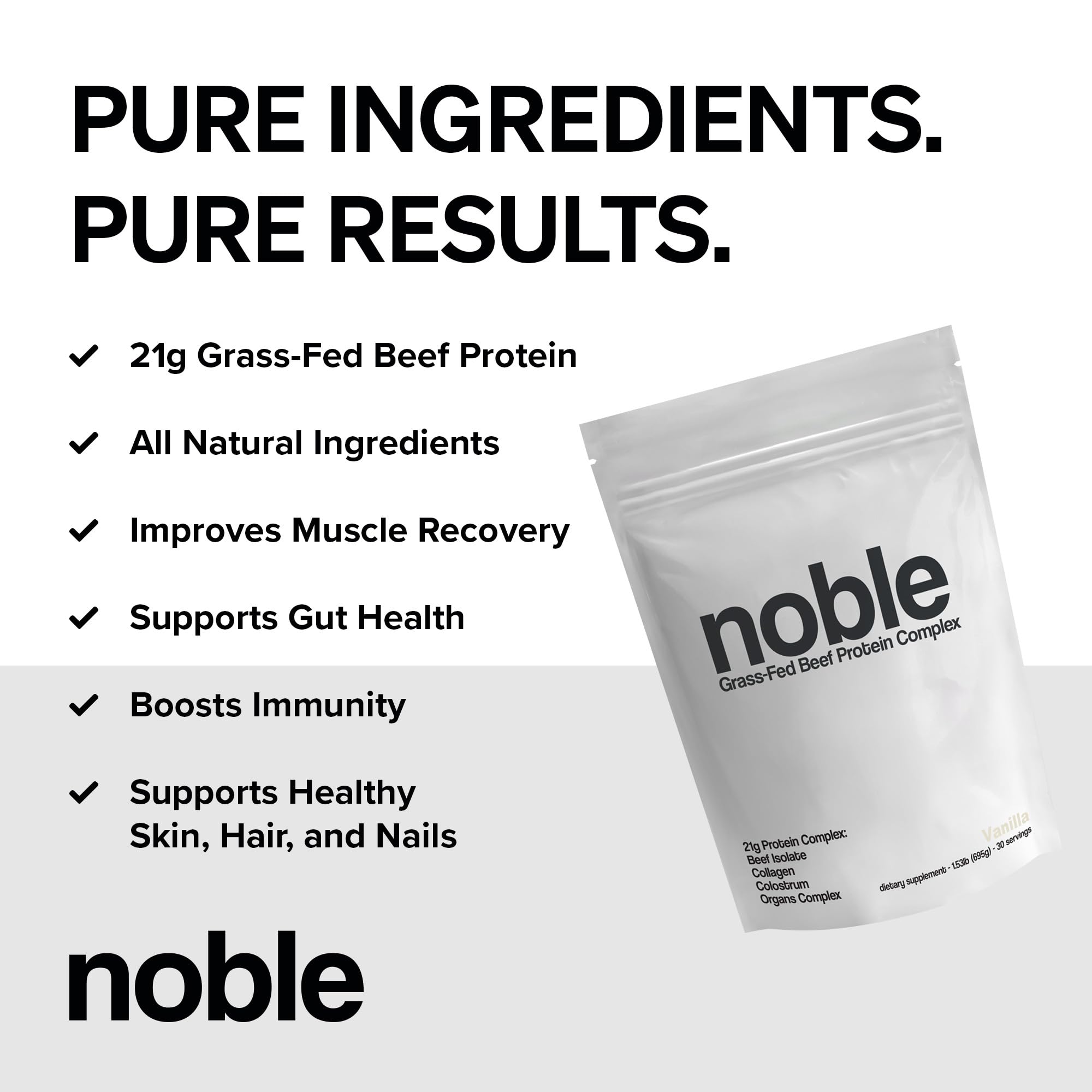Noble Origins Proteína de Res vainilla, cucharada medidora para dosis precisas.