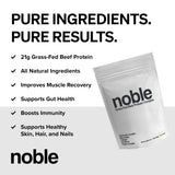 Noble Origins Proteína de Res vainilla, cucharada medidora para dosis precisas.