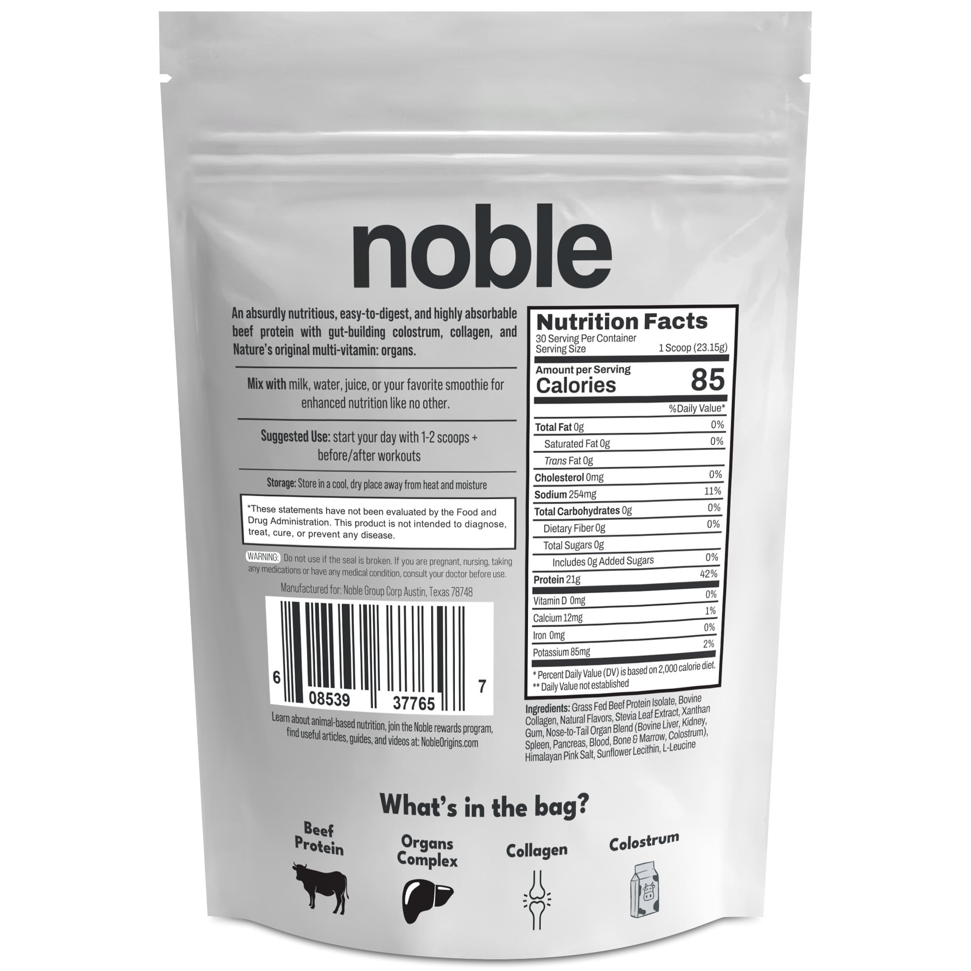 Proteína Noble Origins de res vainilla apta para dieta cetogénica.