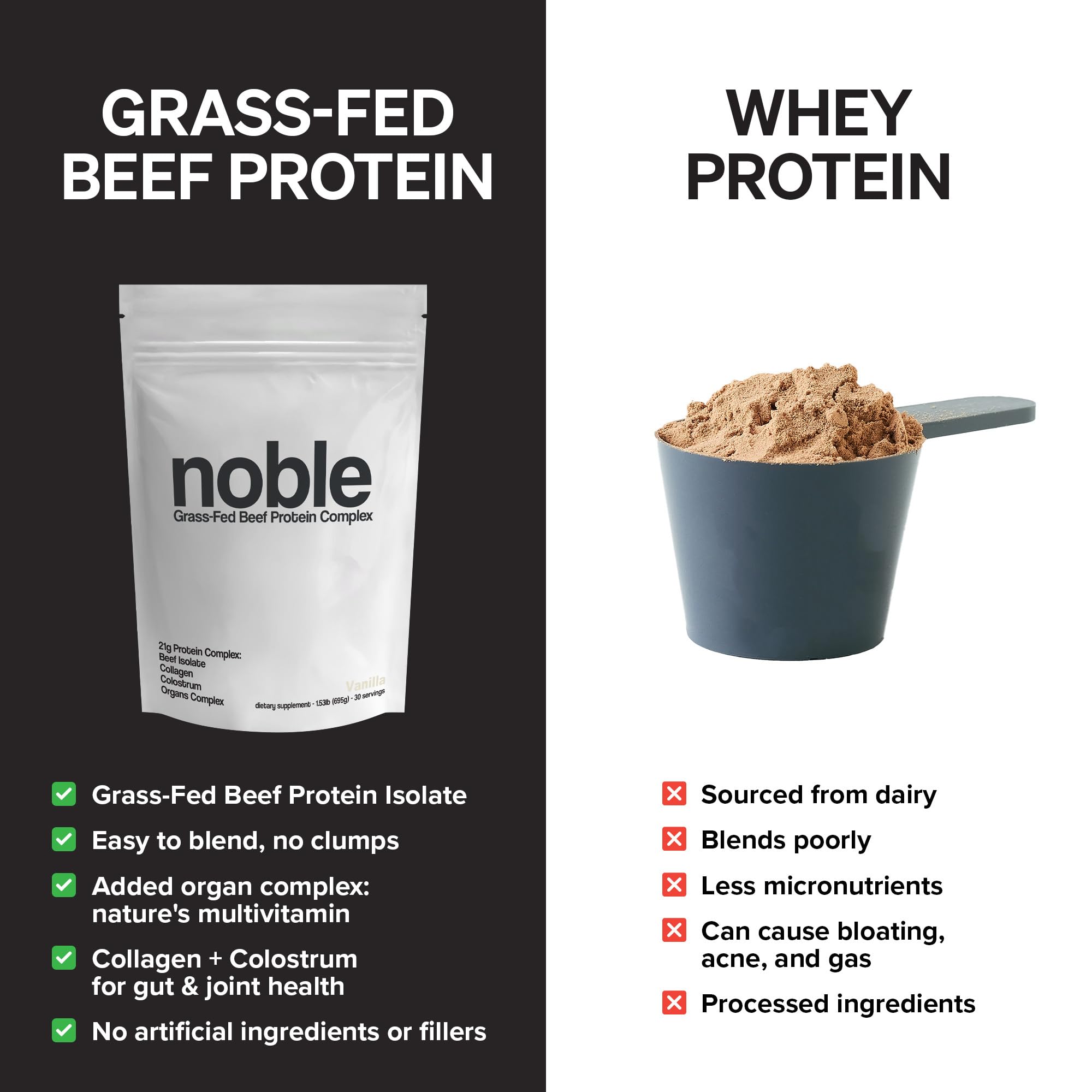 Envase Noble Origins Proteína de Res vainilla, diseño claro para compra rápida.