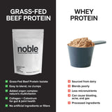 Envase Noble Origins Proteína de Res vainilla, diseño claro para compra rápida.