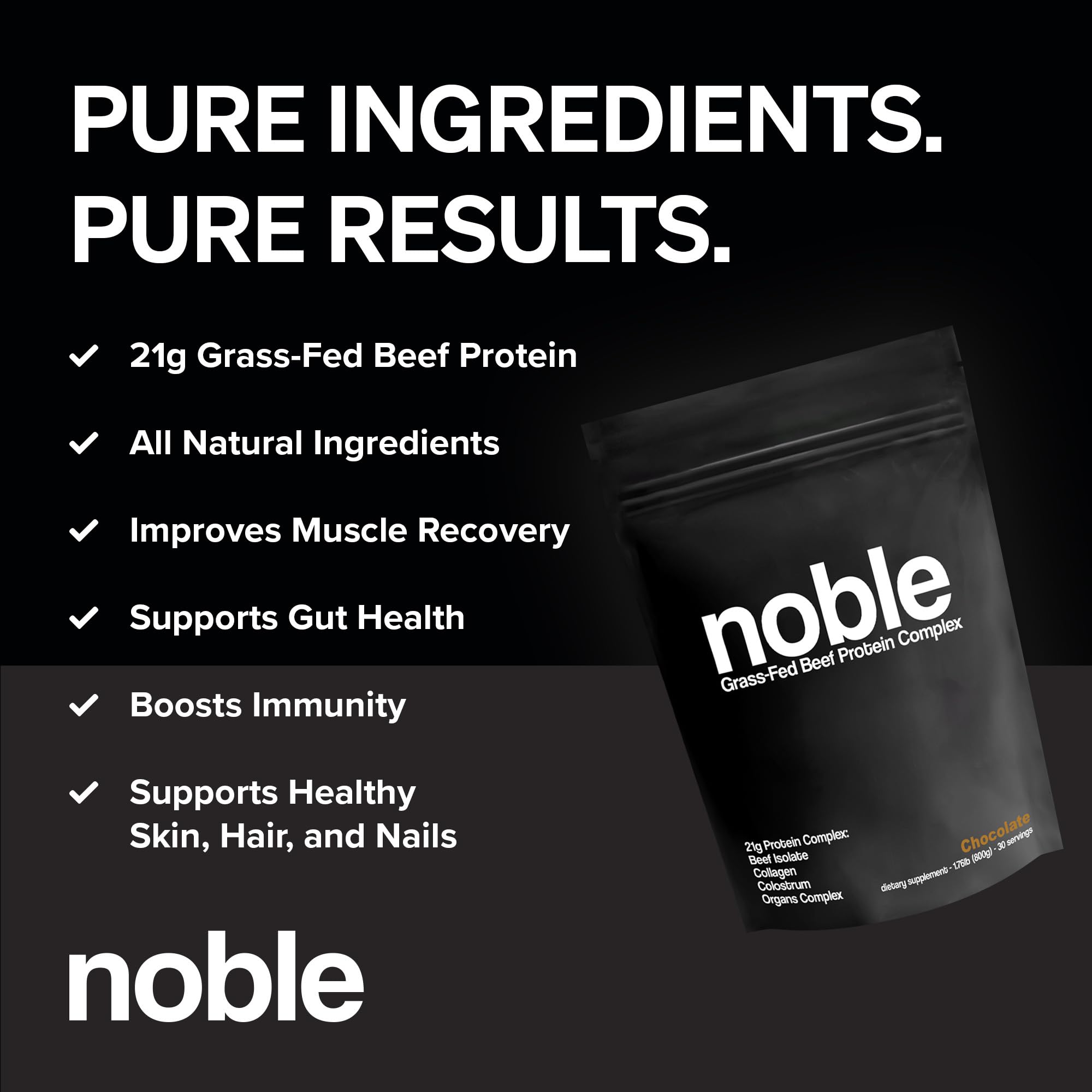 Proteína de res y colágeno de Noble Origins para mayor nutrición.