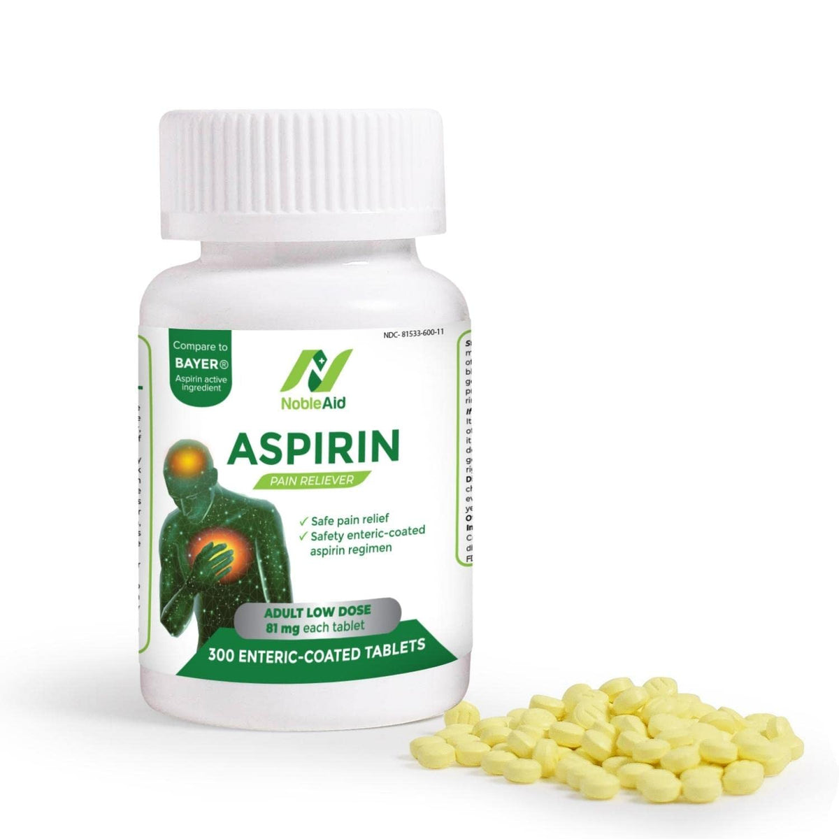 NobleAid aspirina 81 mg frasco cerca, cómodo para dosis diarias.